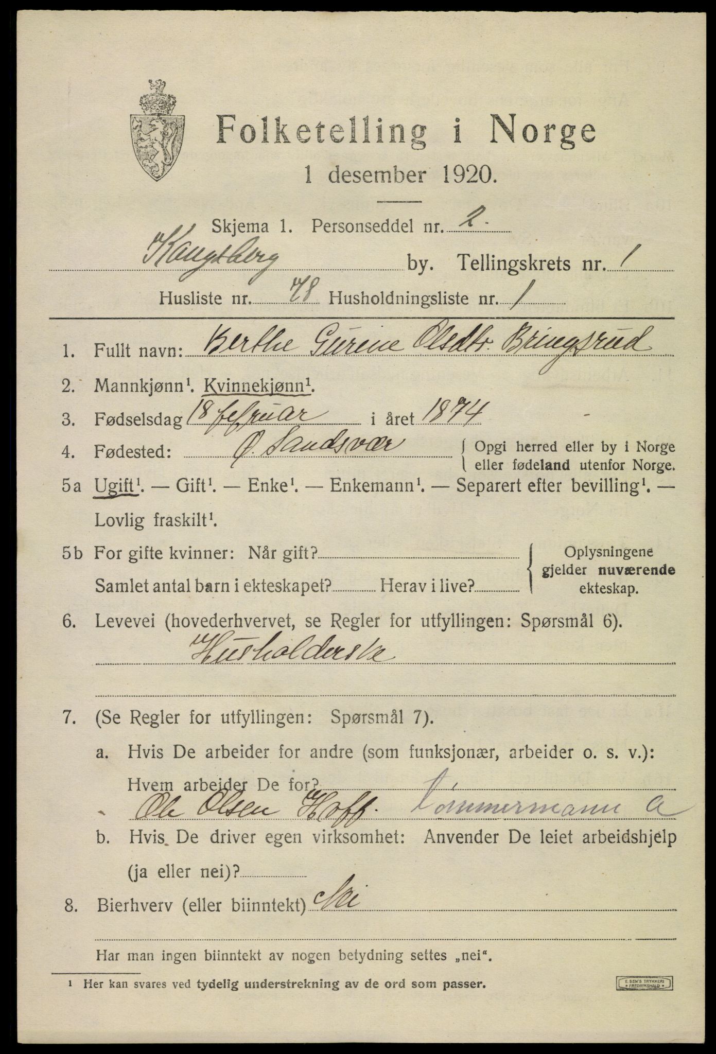 SAKO, 1920 census for Kongsberg, 1920, p. 6752