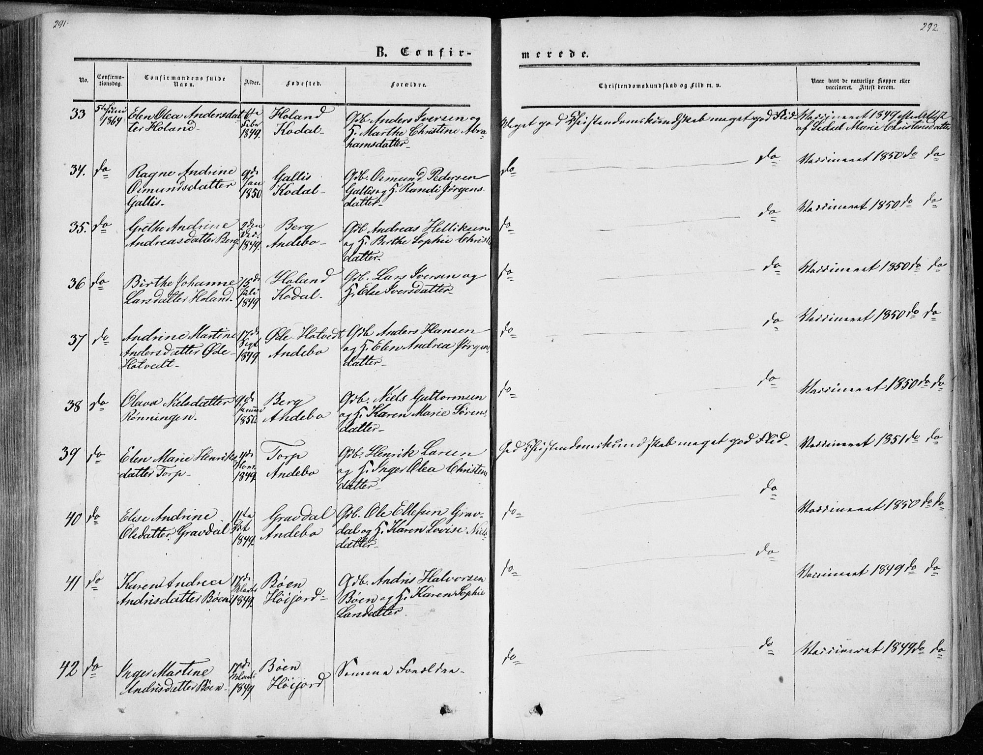 Andebu kirkebøker, AV/SAKO-A-336/F/Fa/L0005: Parish register (official) no. 5, 1857-1870, p. 291-292