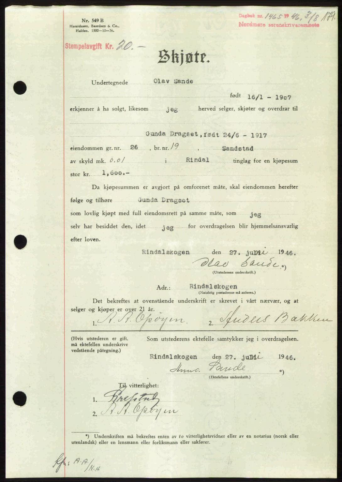 Nordmøre sorenskriveri, AV/SAT-A-4132/1/2/2Ca: Mortgage book no. A102, 1946-1946, Diary no: : 1465/1946