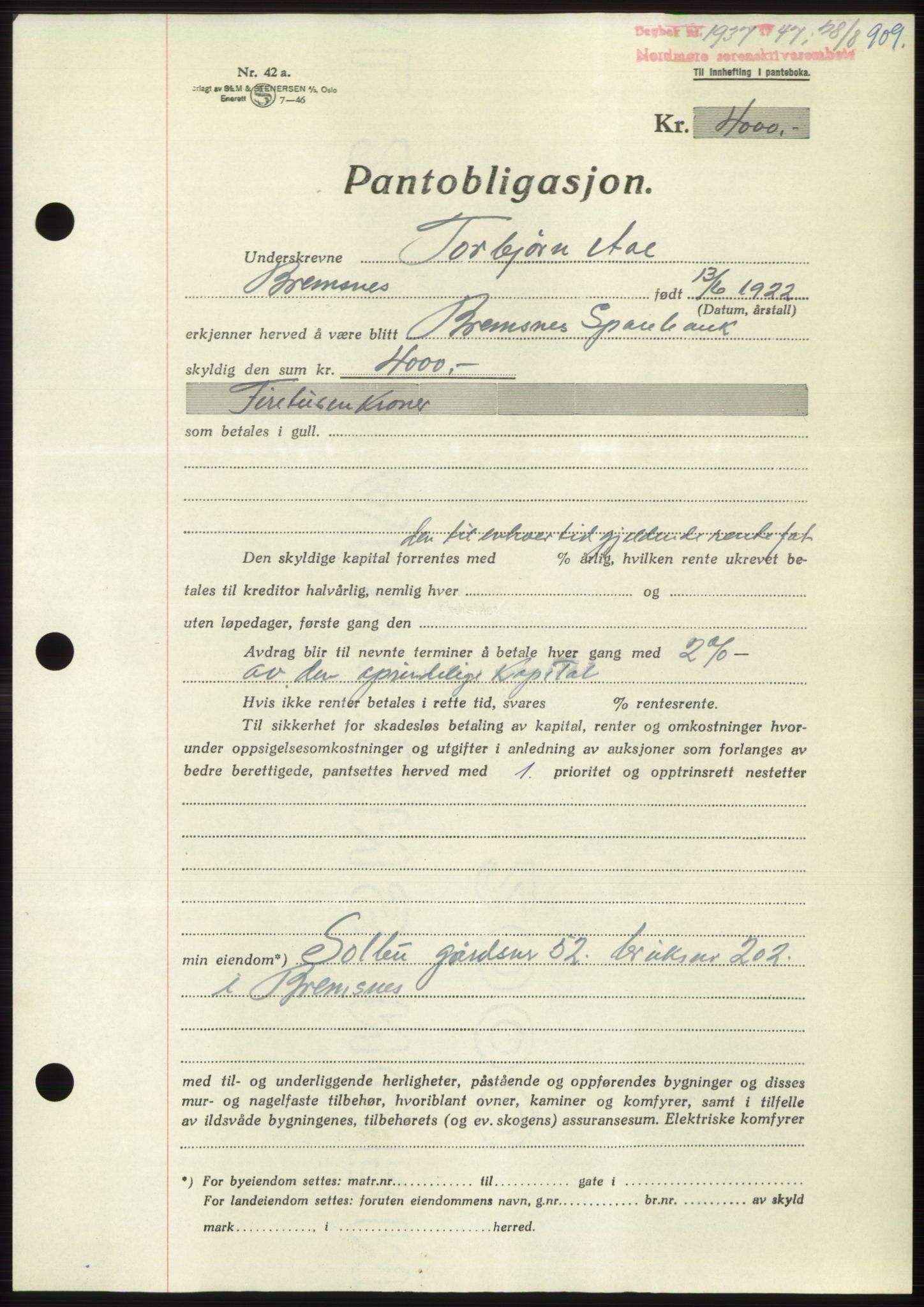 Nordmøre sorenskriveri, AV/SAT-A-4132/1/2/2Ca: Mortgage book no. B96, 1947-1947, Diary no: : 1937/1947