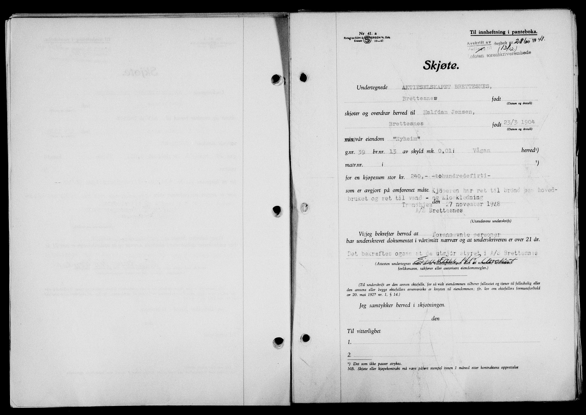 Lofoten sorenskriveri, SAT/A-0017/1/2/2C/L0020a: Mortgage book no. 20a, 1948-1949, Diary no: : 2860/1948
