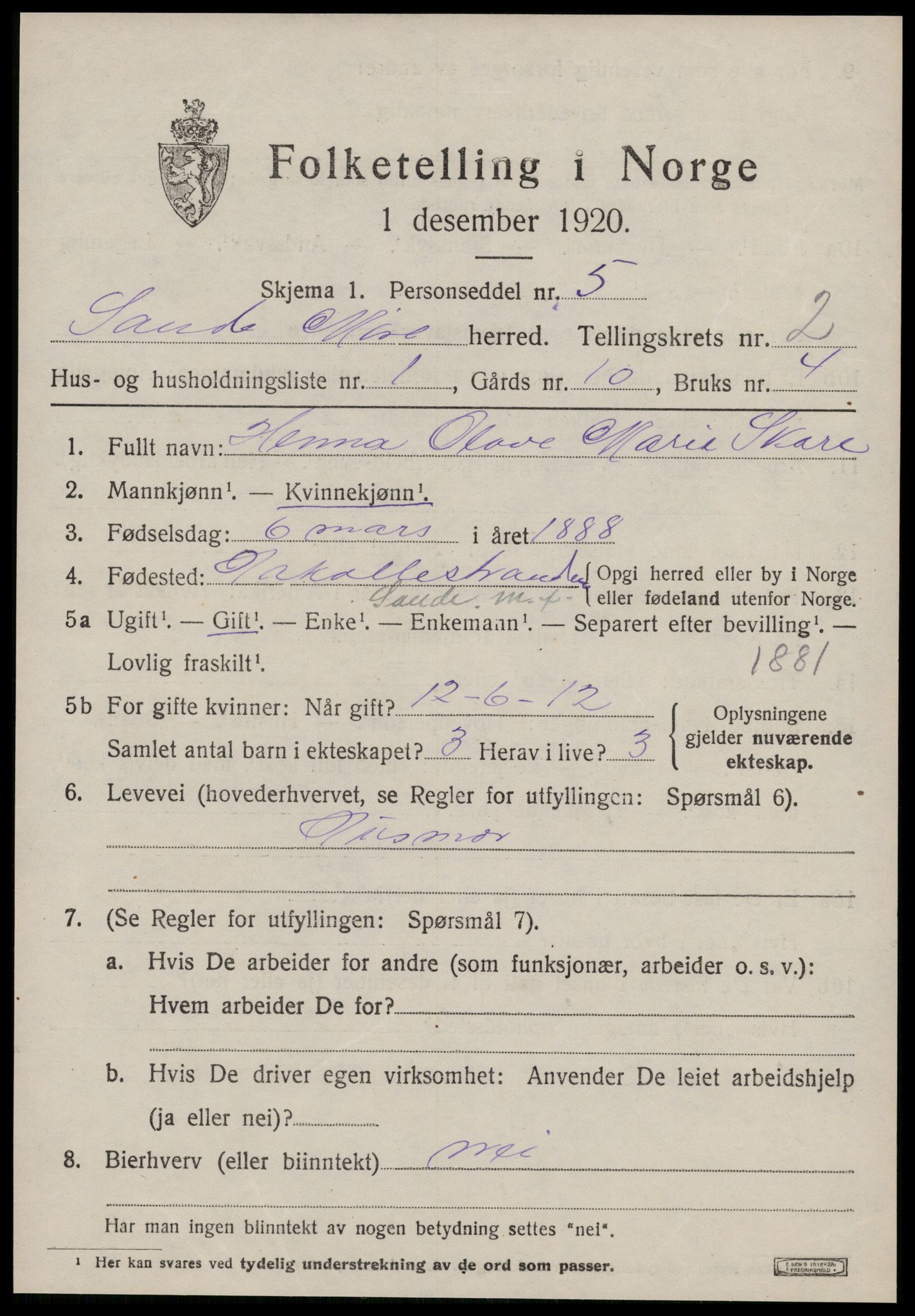 SAT, 1920 census for Sande (MR), 1920, p. 1590