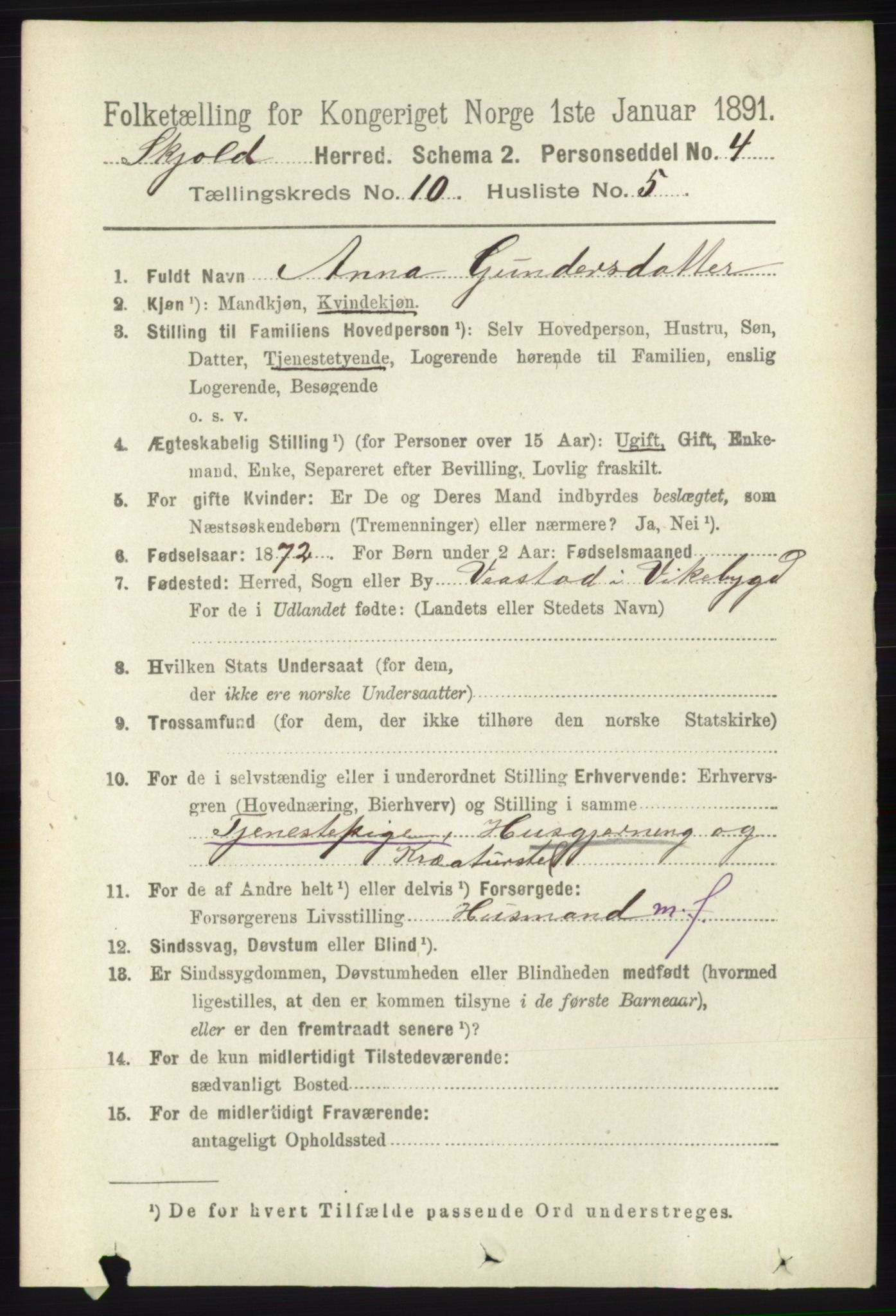 RA, 1891 census for 1154 Skjold, 1891, p. 2027