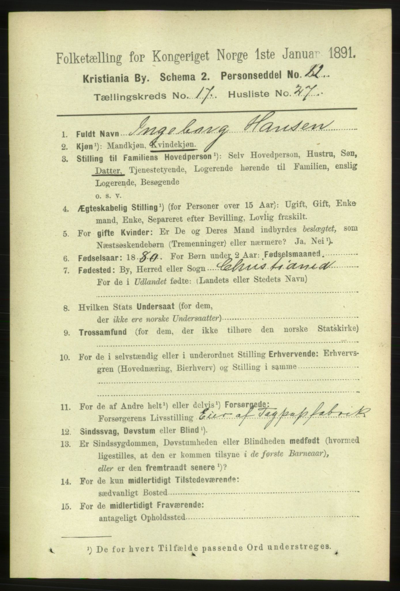 RA, 1891 census for 0301 Kristiania, 1891, p. 8733