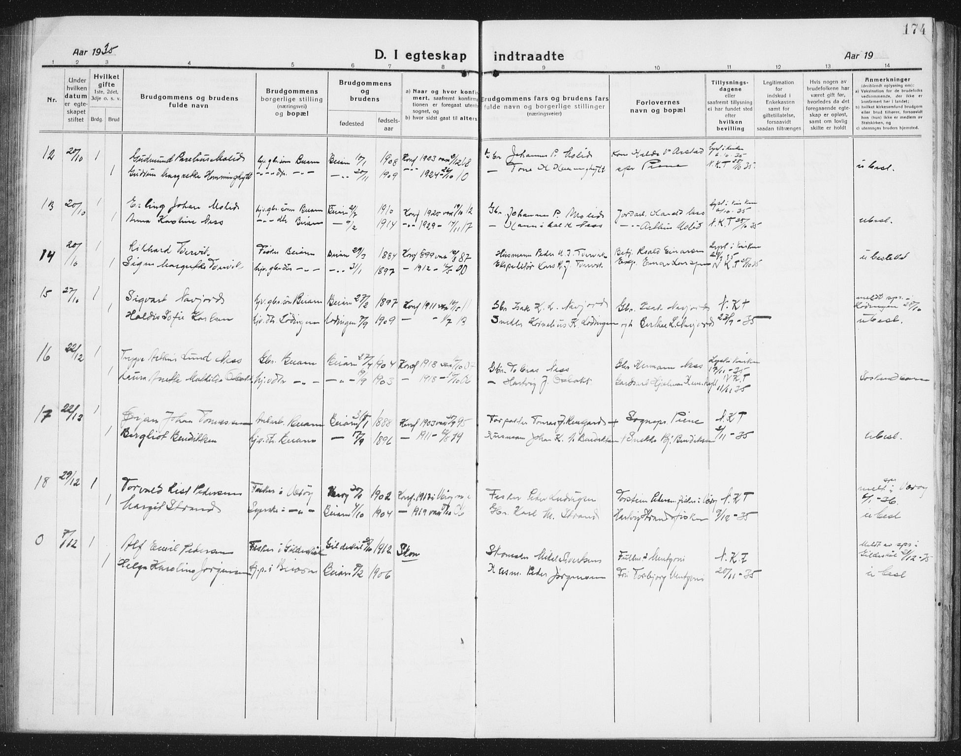 Ministerialprotokoller, klokkerbøker og fødselsregistre - Nordland, AV/SAT-A-1459/846/L0656: Parish register (copy) no. 846C06, 1917-1936, p. 174