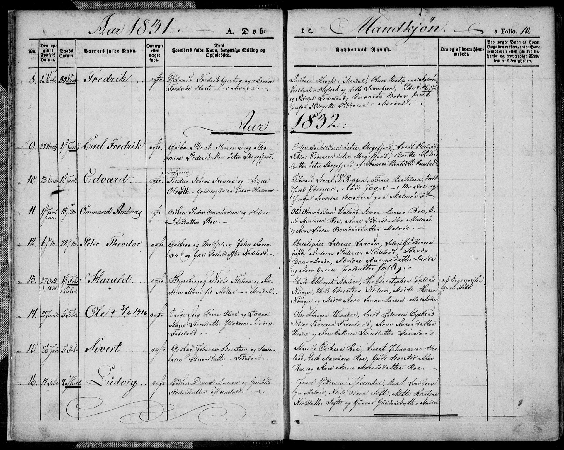 Mandal sokneprestkontor, SAK/1111-0030/F/Fa/Faa/L0011: Parish register (official) no. A 11, 1830-1839, p. 10