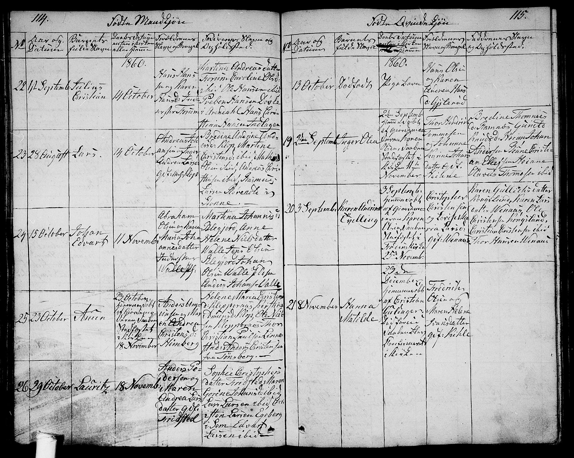 Ramnes kirkebøker, SAKO/A-314/G/Ga/L0002: Parish register (copy) no. I 2, 1848-1870, p. 114-115