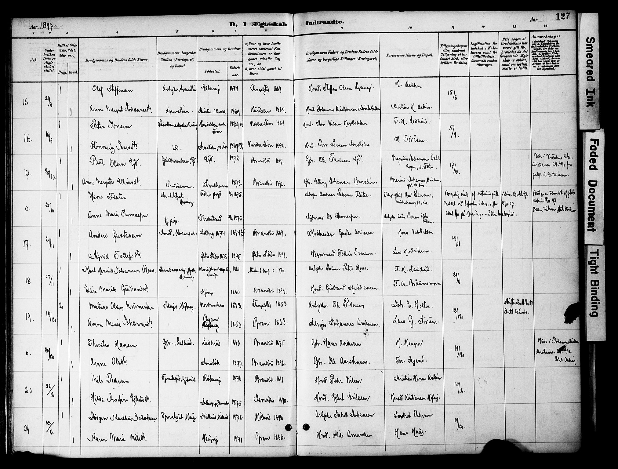 Gran prestekontor, SAH/PREST-112/H/Ha/Haa/L0020: Parish register (official) no. 20, 1889-1899, p. 127