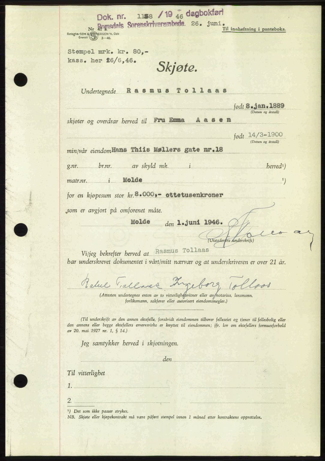 Romsdal sorenskriveri, AV/SAT-A-4149/1/2/2C: Mortgage book no. A20, 1946-1946, Diary no: : 1158/1946