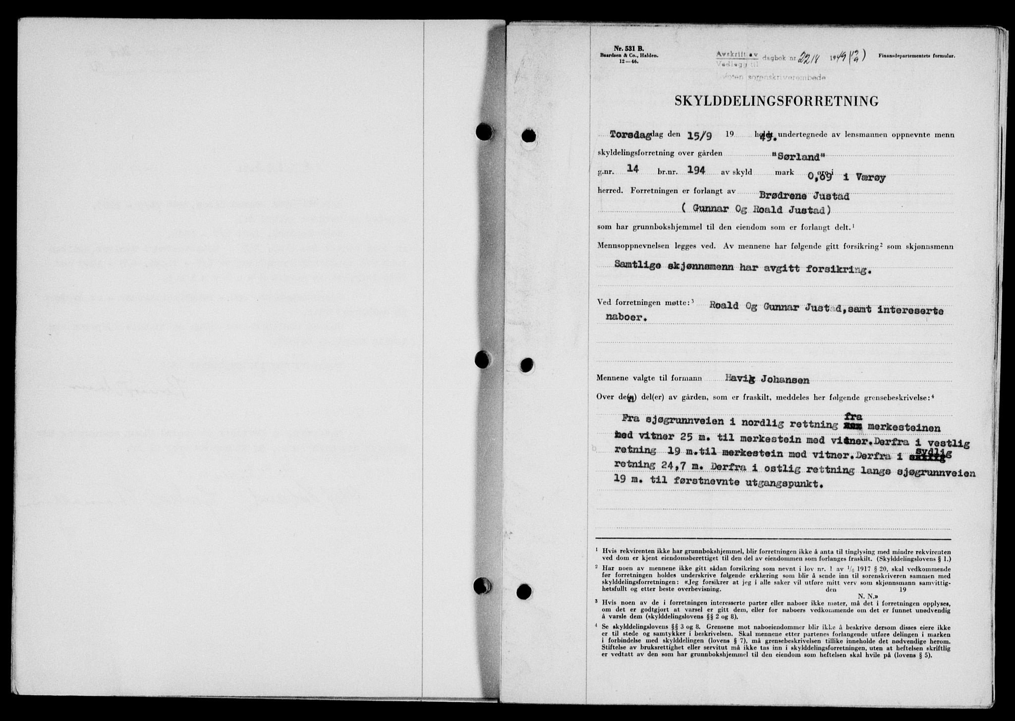 Lofoten sorenskriveri, SAT/A-0017/1/2/2C/L0021a: Mortgage book no. 21a, 1949-1949, Diary no: : 2218/1949
