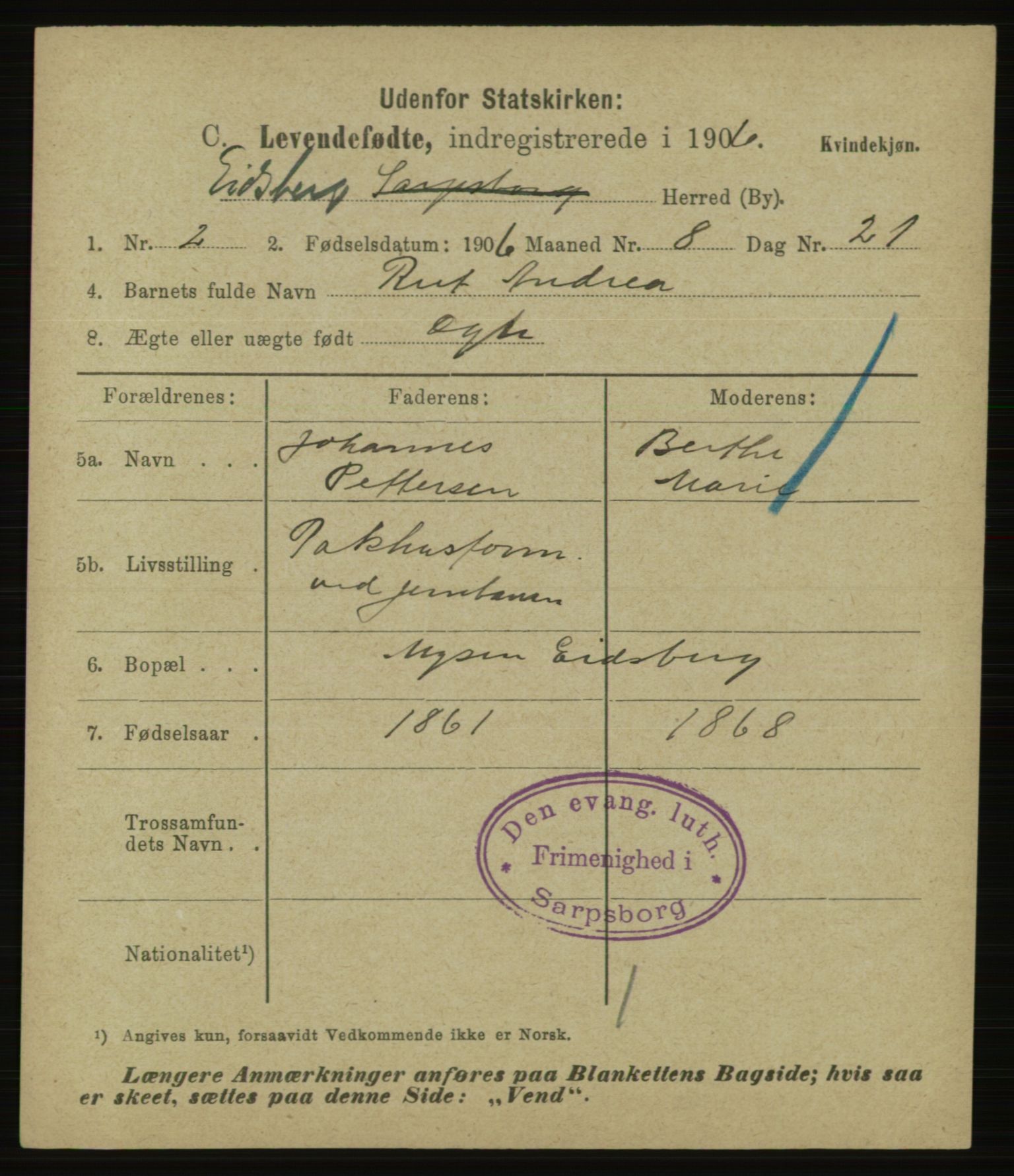 Statistisk sentralbyrå, Sosiodemografiske emner, Befolkning, AV/RA-S-2228/E/L0005: Fødte, gifte, døde dissentere., 1907, p. 7