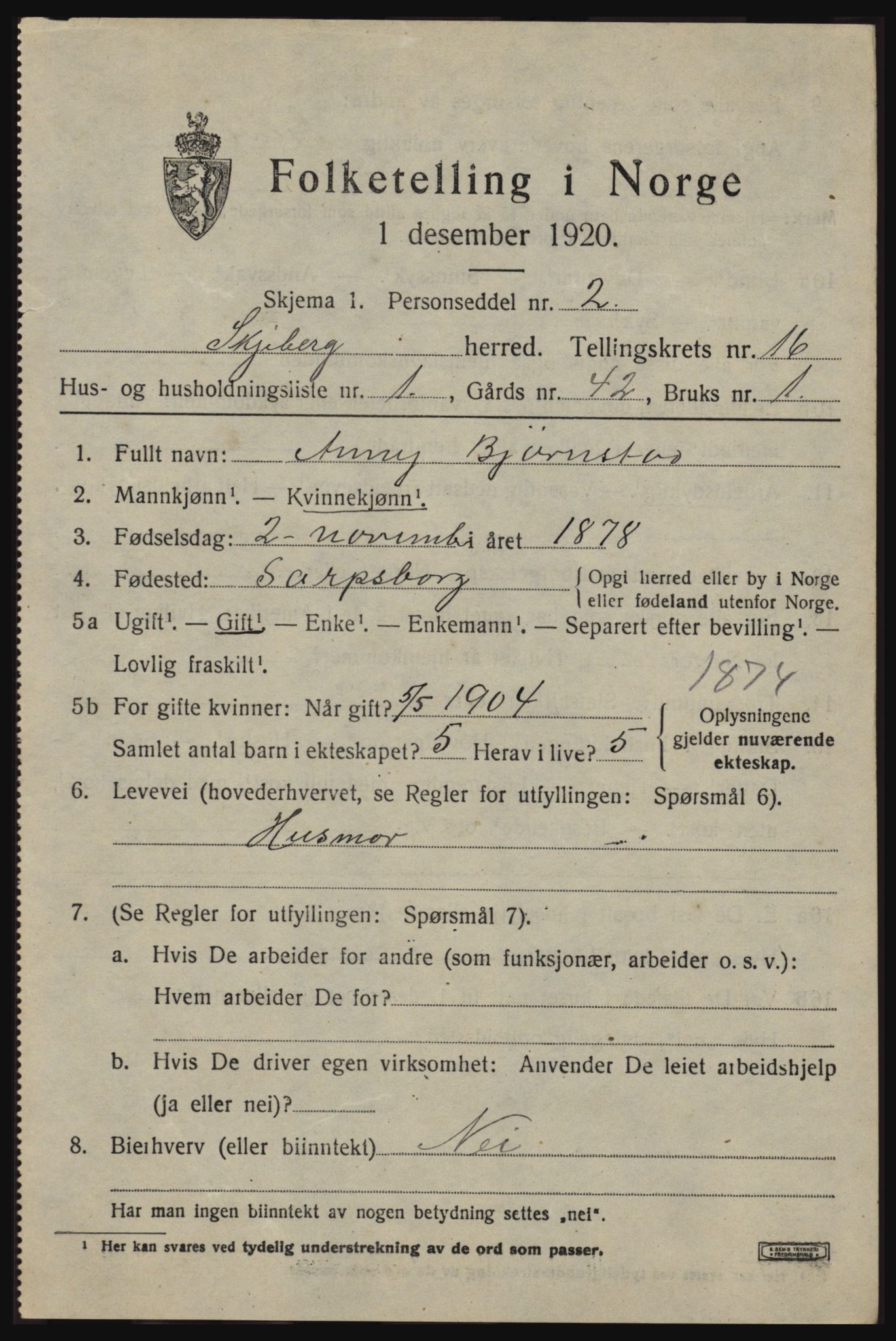 SAO, 1920 census for Skjeberg, 1920, p. 14771