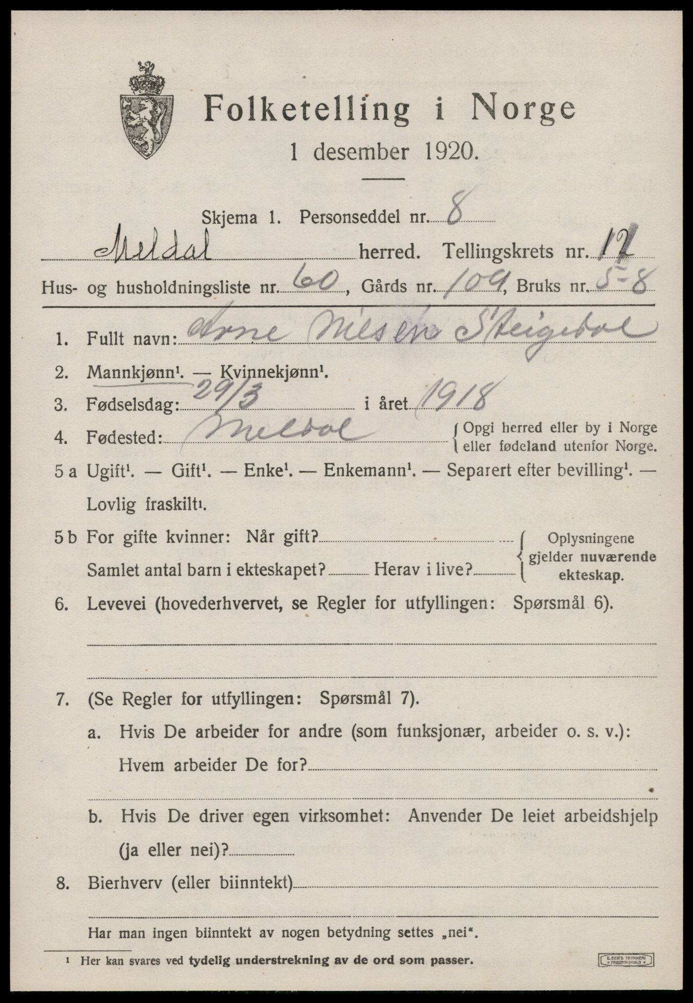 SAT, 1920 census for Meldal, 1920, p. 9127