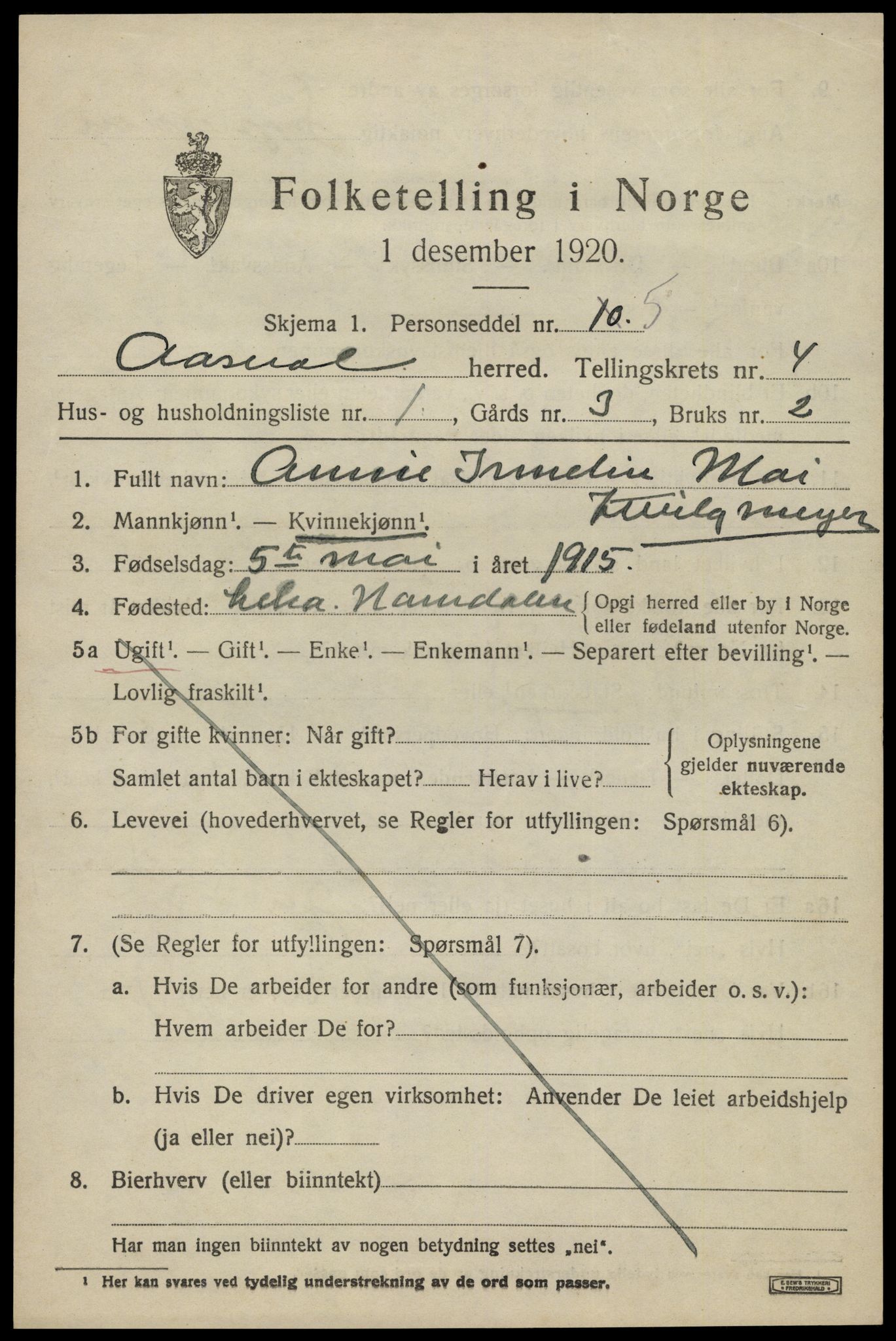 SAK, 1920 census for Åseral, 1920, p. 1194