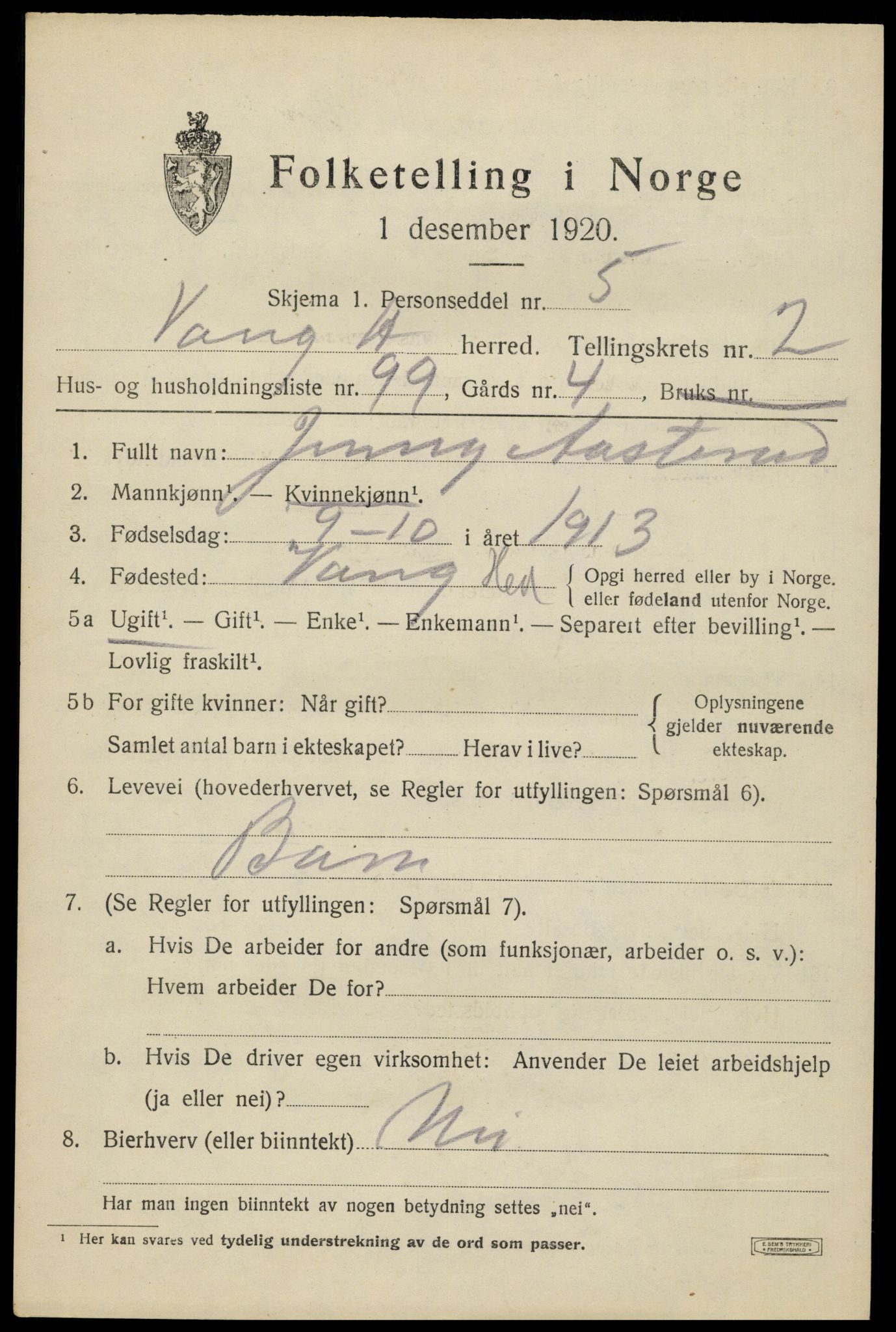 SAH, 1920 census for Vang (Hedmark), 1920, p. 7785