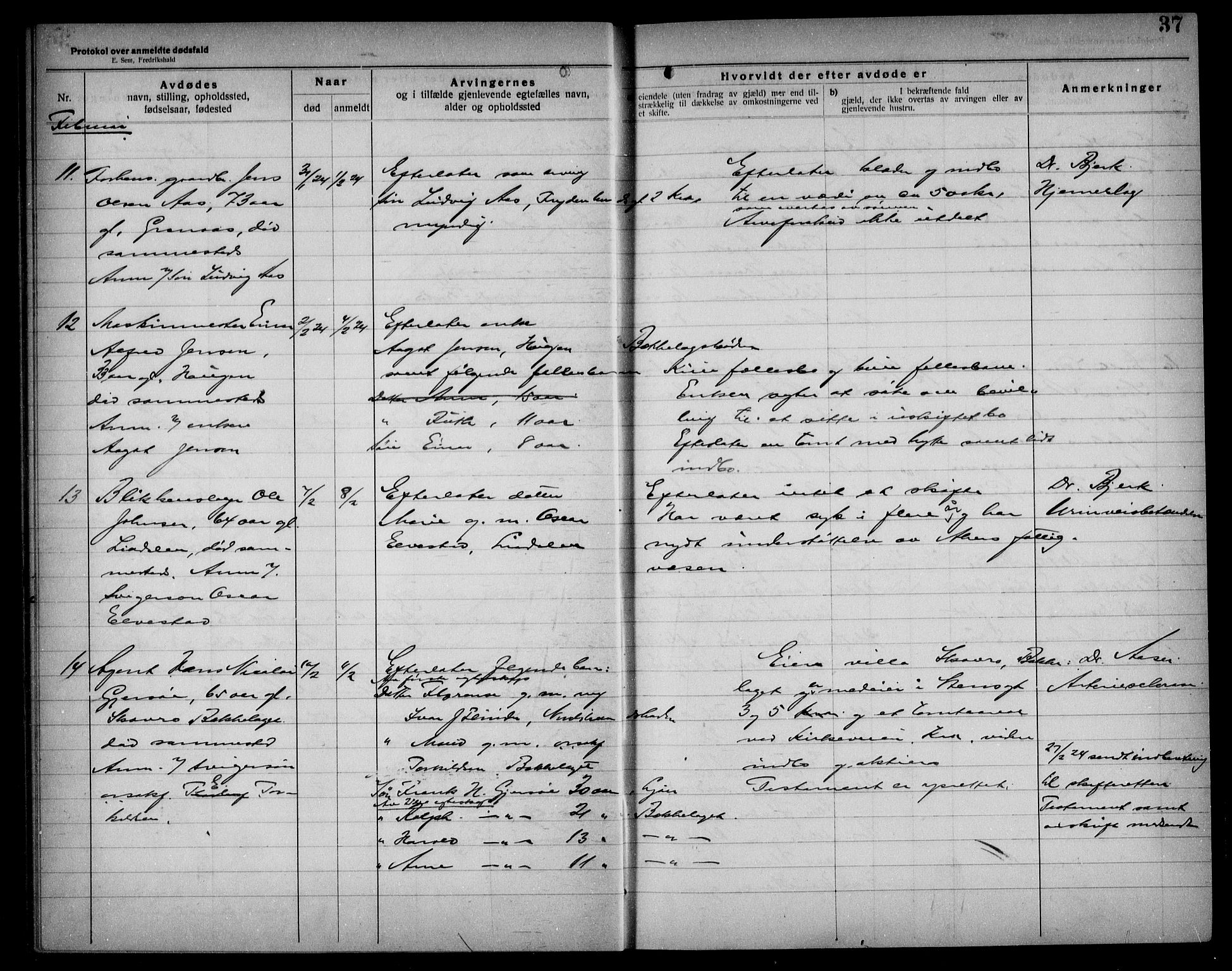 Aker kriminaldommer, skifte- og auksjonsforvalterembete, AV/SAO-A-10452/H/Hb/Hba/Hbad/L0001: Dødsfallsprotokoll for Nordstrand, 1922-1929, p. 37