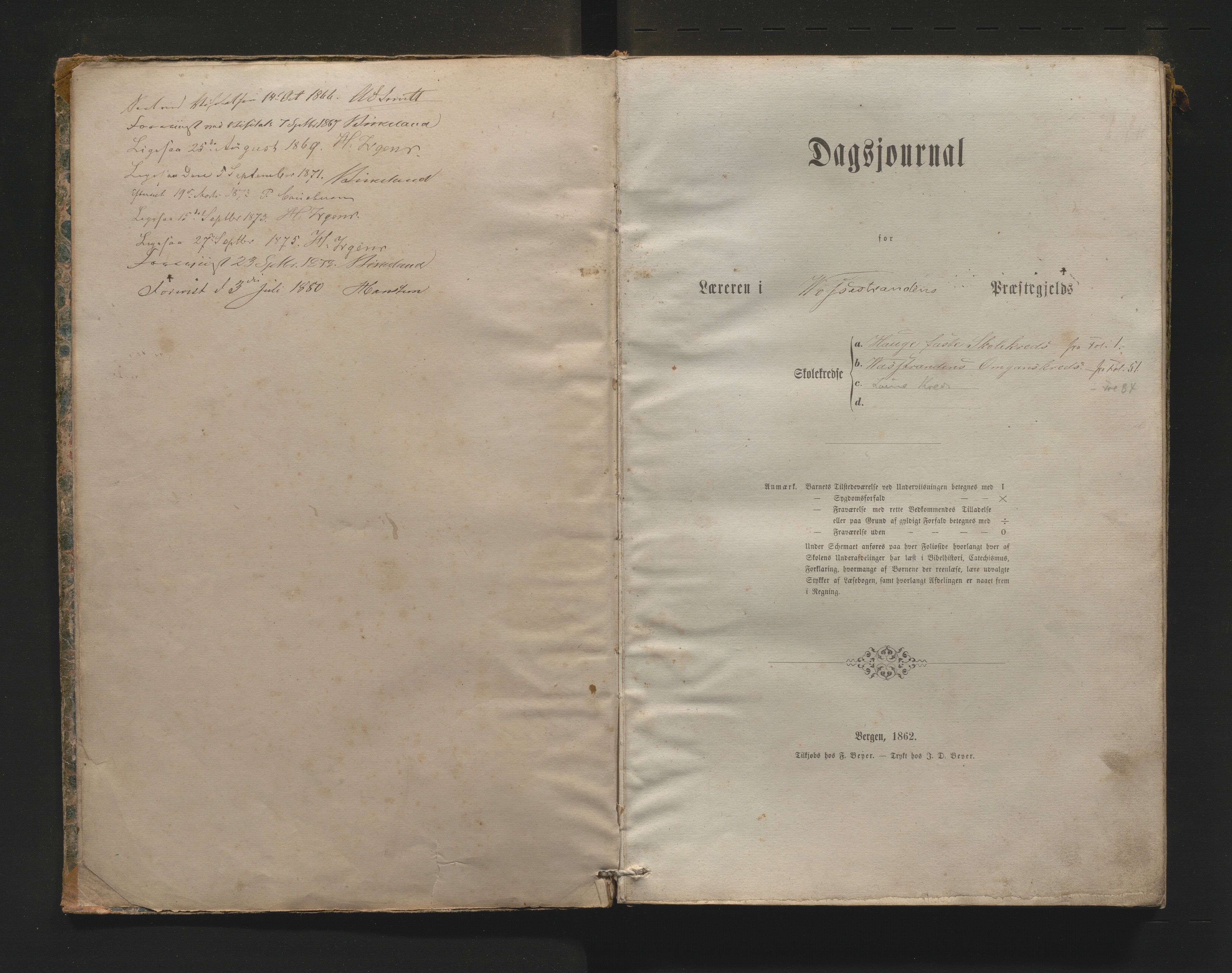 Vossestrand kommune. Barneskulane , IKAH/1236-231/G/Gb/L0001: Dagbok for Hauge faste skule, Vasstranden, Løen, Oppheim m/karakterar og m/inventrarliste, 1863-1879