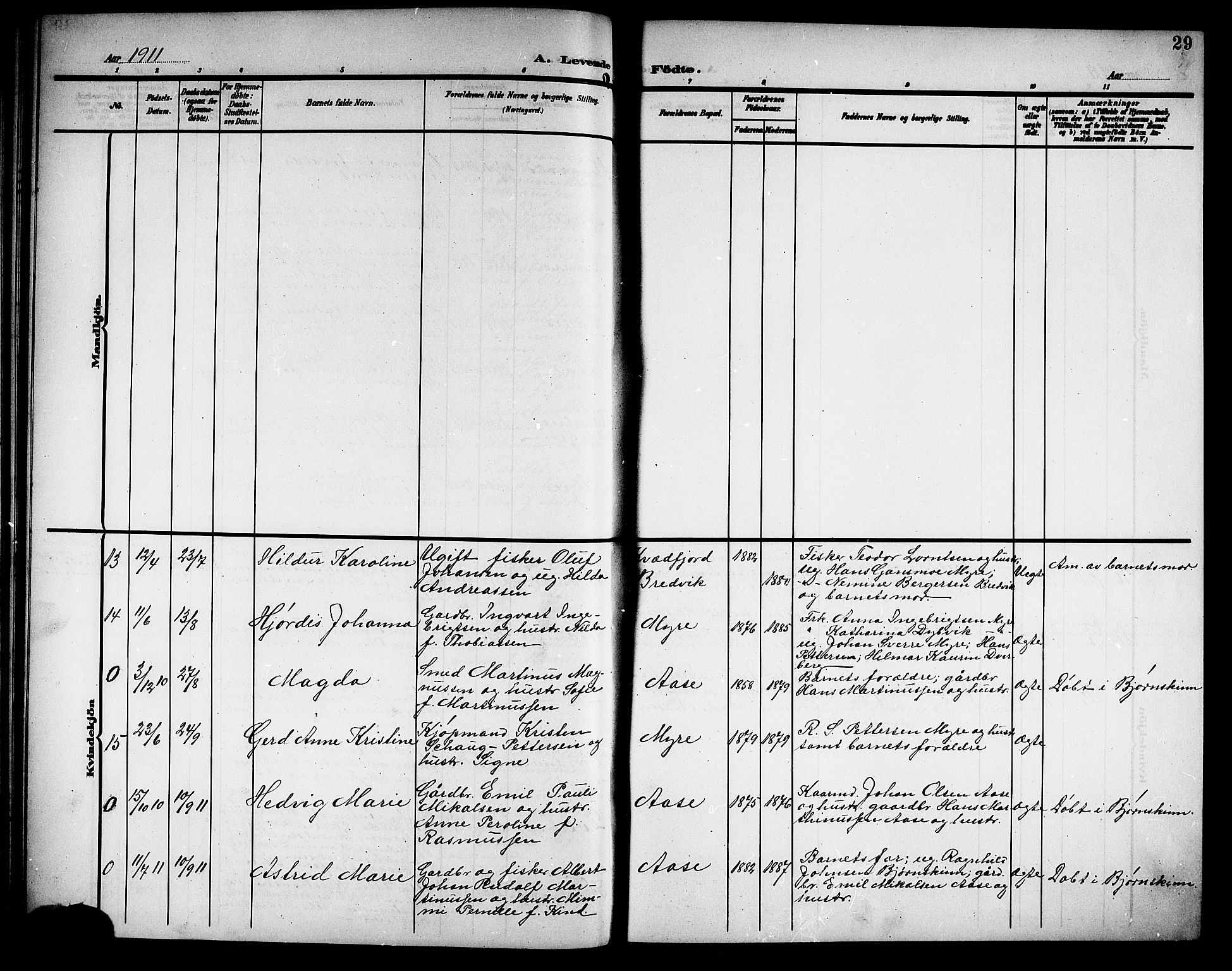 Ministerialprotokoller, klokkerbøker og fødselsregistre - Nordland, AV/SAT-A-1459/897/L1414: Parish register (copy) no. 897C04, 1904-1915, p. 29