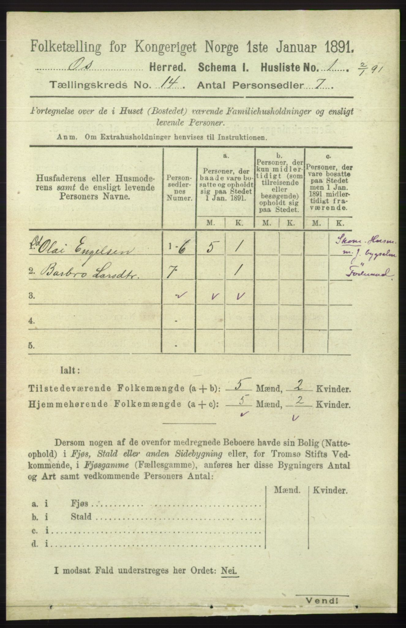 RA, 1891 census for 1243 Os, 1891, p. 3058