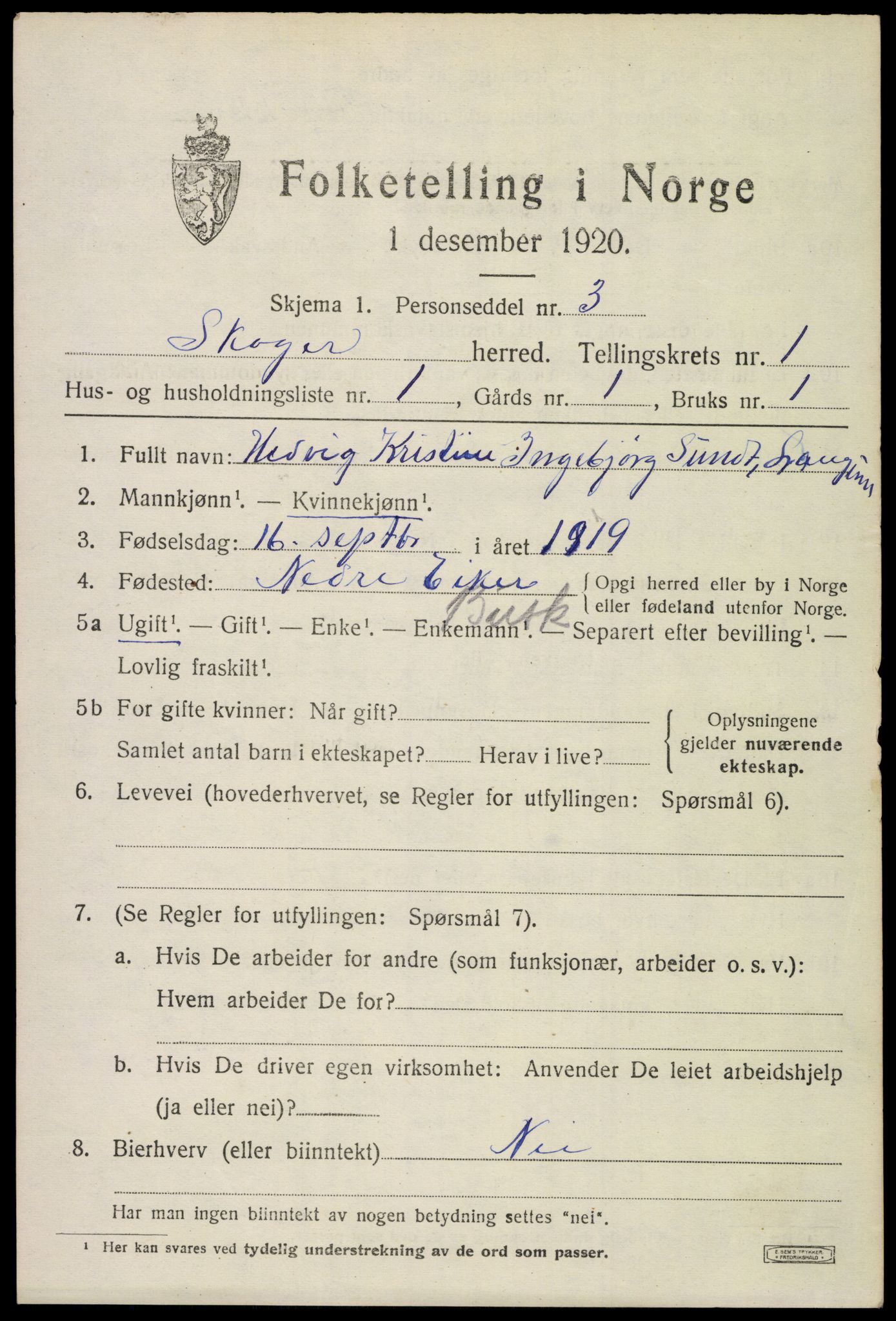 SAKO, 1920 census for Skoger, 1920, p. 2011