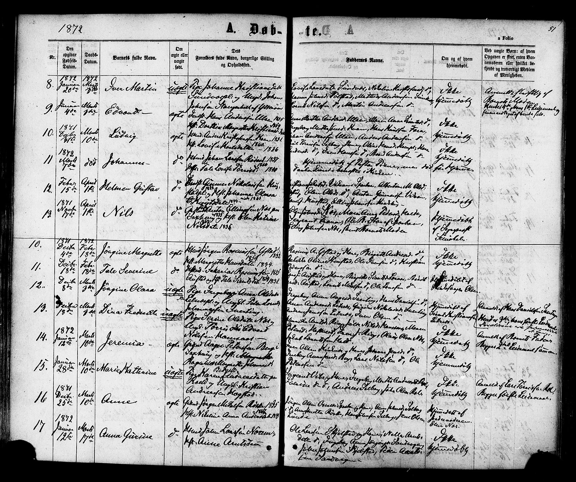 Ministerialprotokoller, klokkerbøker og fødselsregistre - Nord-Trøndelag, SAT/A-1458/730/L0284: Parish register (official) no. 730A09, 1866-1878, p. 51