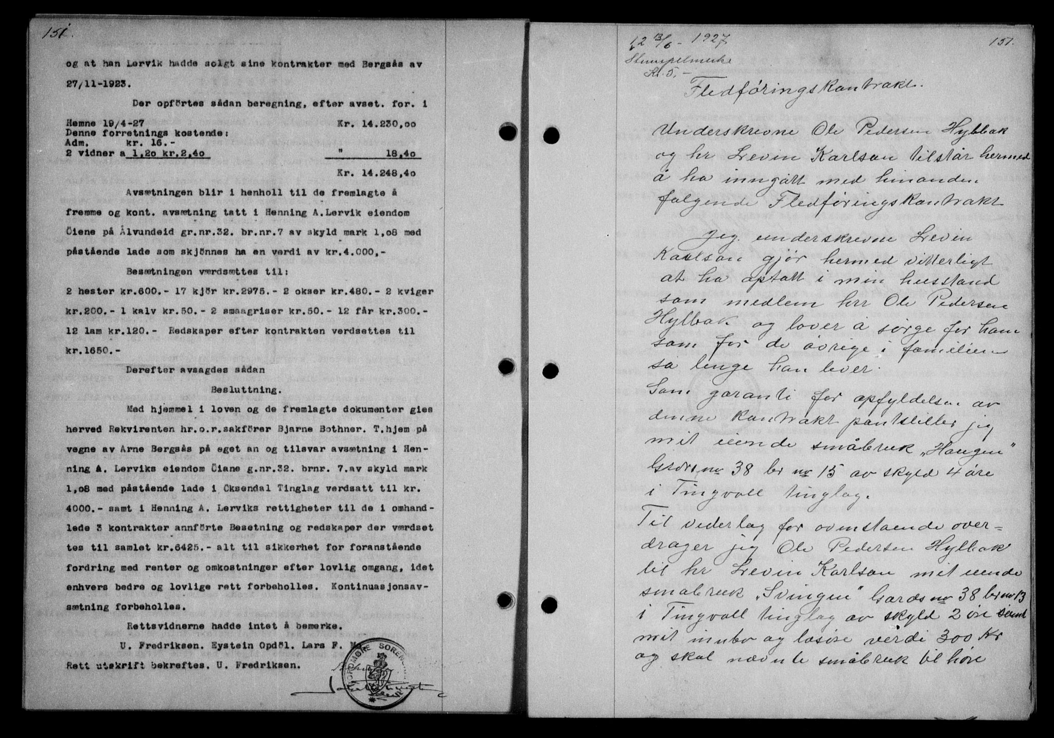 Nordmøre sorenskriveri, AV/SAT-A-4132/1/2/2Ca/L0062: Mortgage book no. 52, 1927-1927, Deed date: 13.06.1927