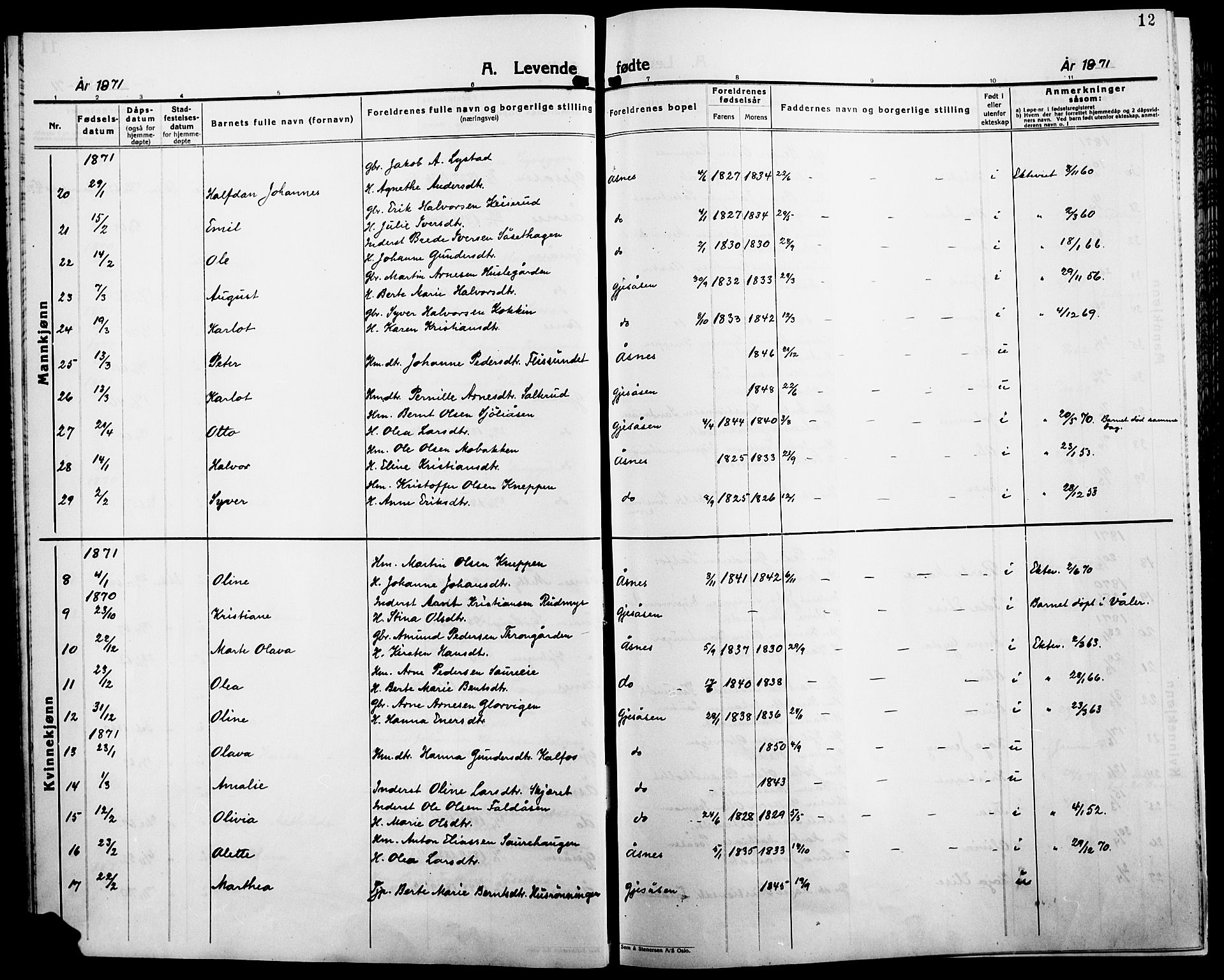 Åsnes prestekontor, AV/SAH-PREST-042/H/Ha/Haa/L0000B: Parish register (official), 1870-1889, p. 12