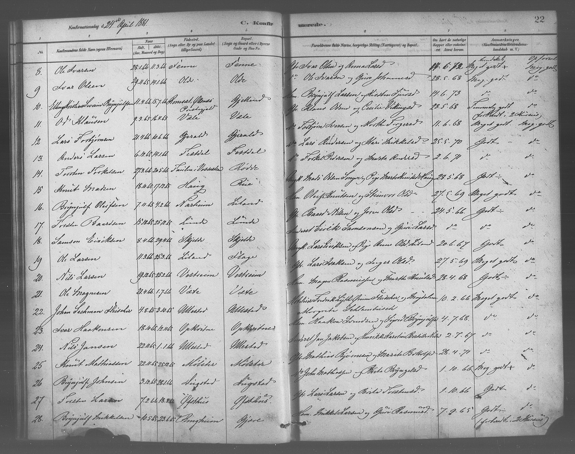 Voss sokneprestembete, AV/SAB-A-79001/H/Haa: Parish register (official) no. B 1, 1877-1899, p. 22