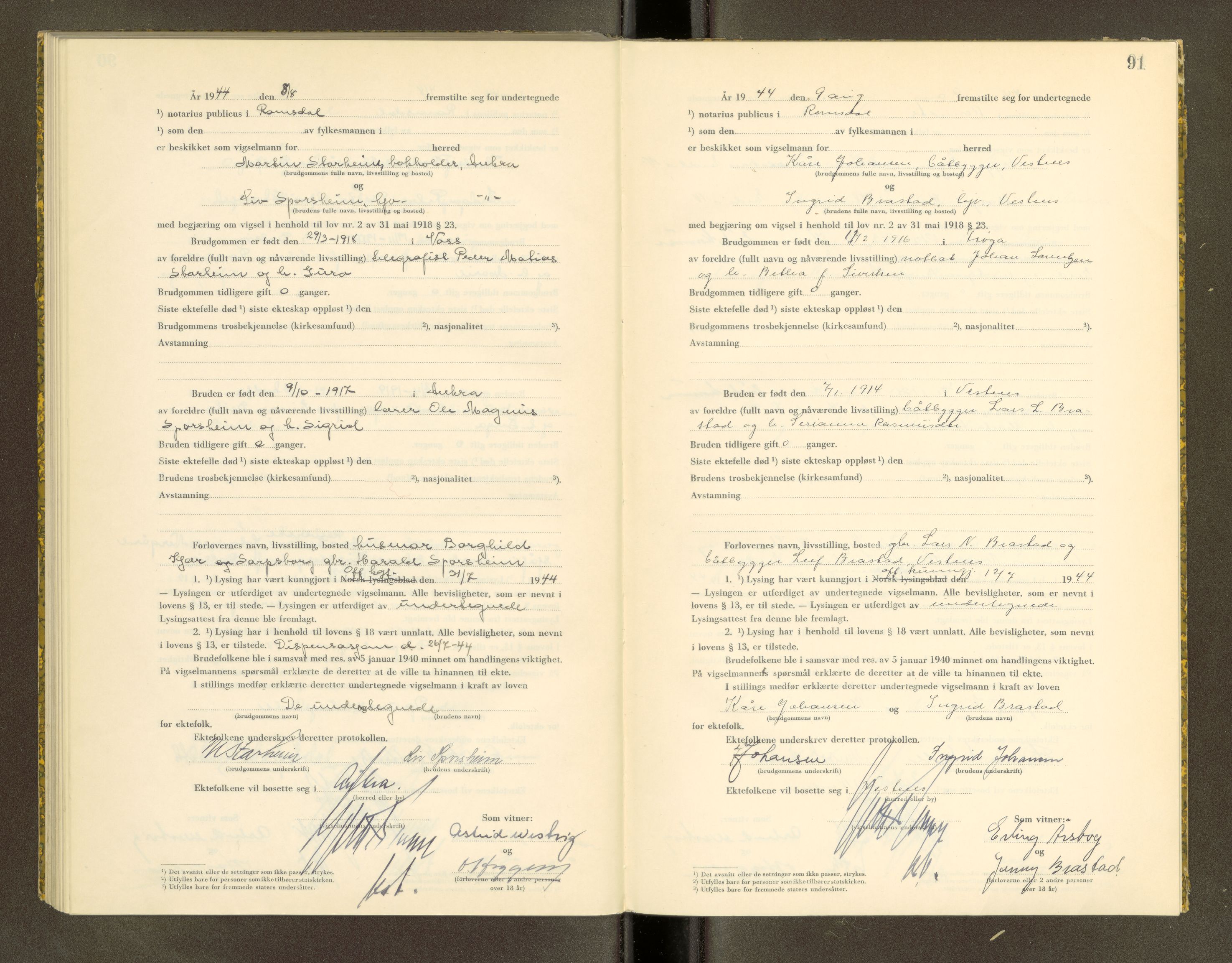 Romsdal sorenskriveri, AV/SAT-A-4149/1/6/6D/L0007: Vigselbok, 1943-1944, p. 91