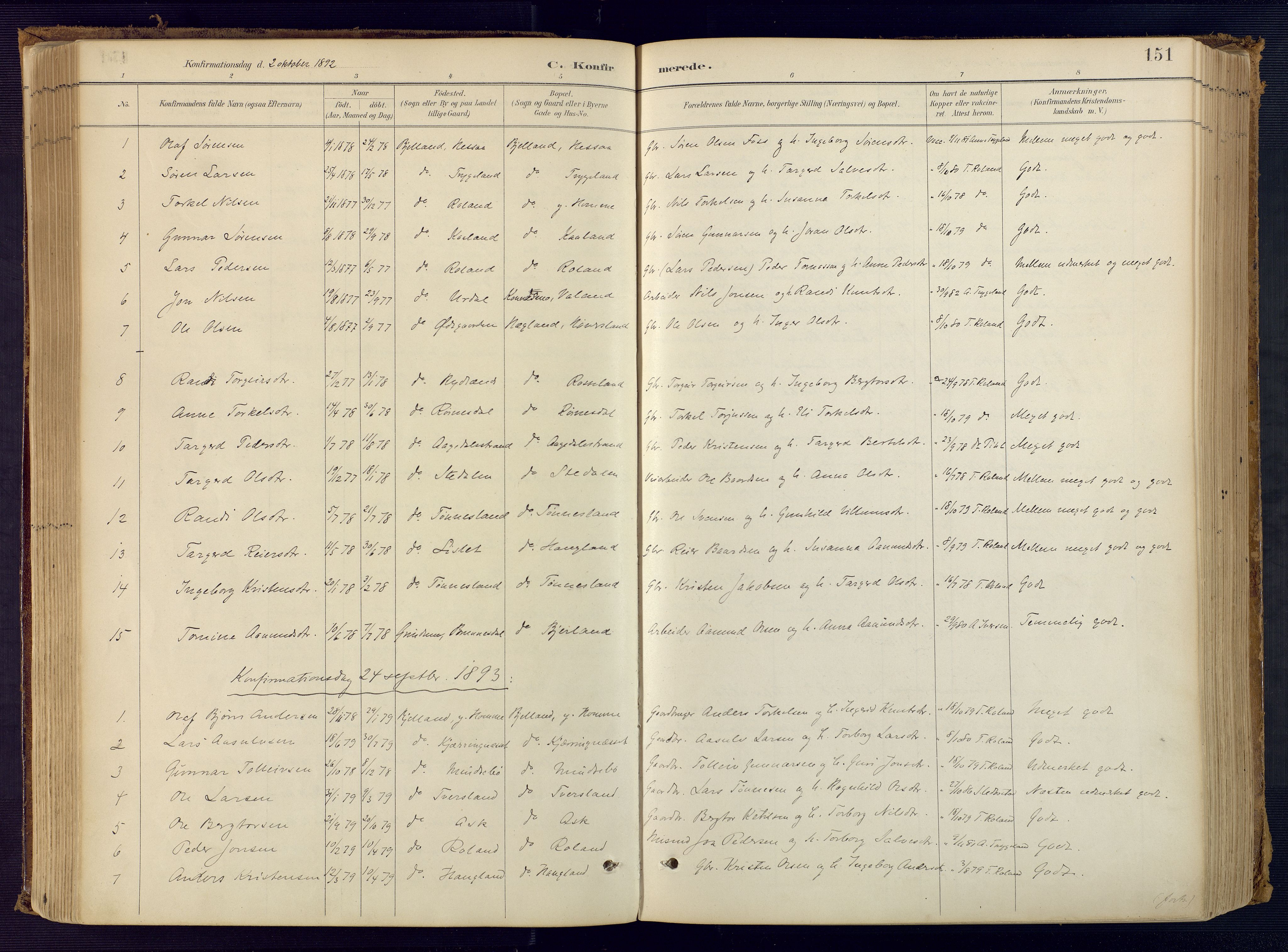 Bjelland sokneprestkontor, SAK/1111-0005/F/Fa/Faa/L0004: Parish register (official) no. A 4, 1887-1923, p. 151
