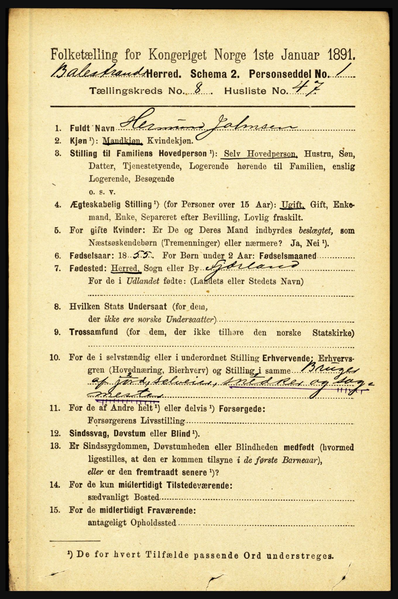 RA, 1891 census for 1418 Balestrand, 1891, p. 2008