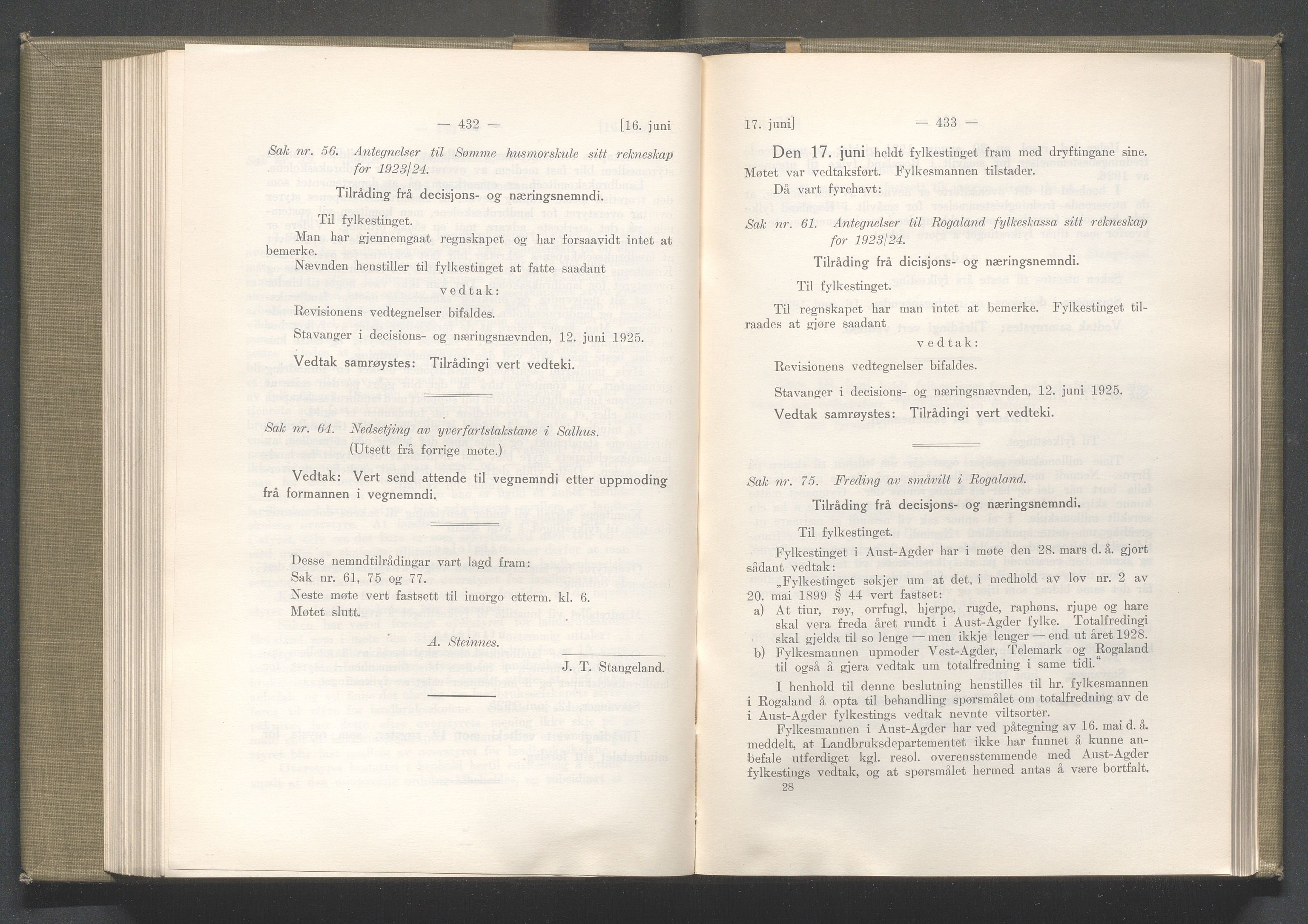 Rogaland fylkeskommune - Fylkesrådmannen , IKAR/A-900/A/Aa/Aaa/L0044: Møtebok , 1925, p. 432-433