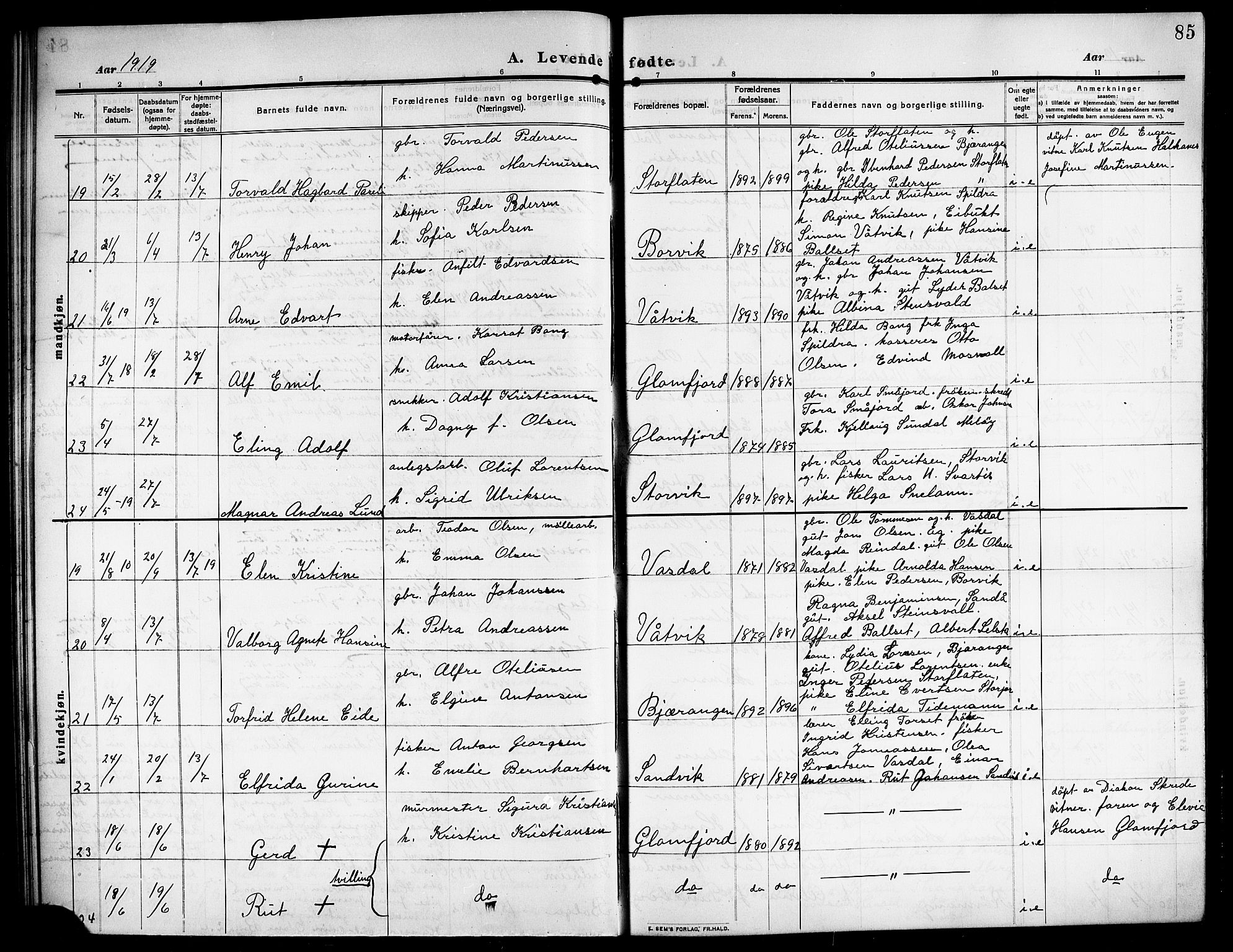 Ministerialprotokoller, klokkerbøker og fødselsregistre - Nordland, SAT/A-1459/843/L0639: Parish register (copy) no. 843C08, 1908-1924, p. 85