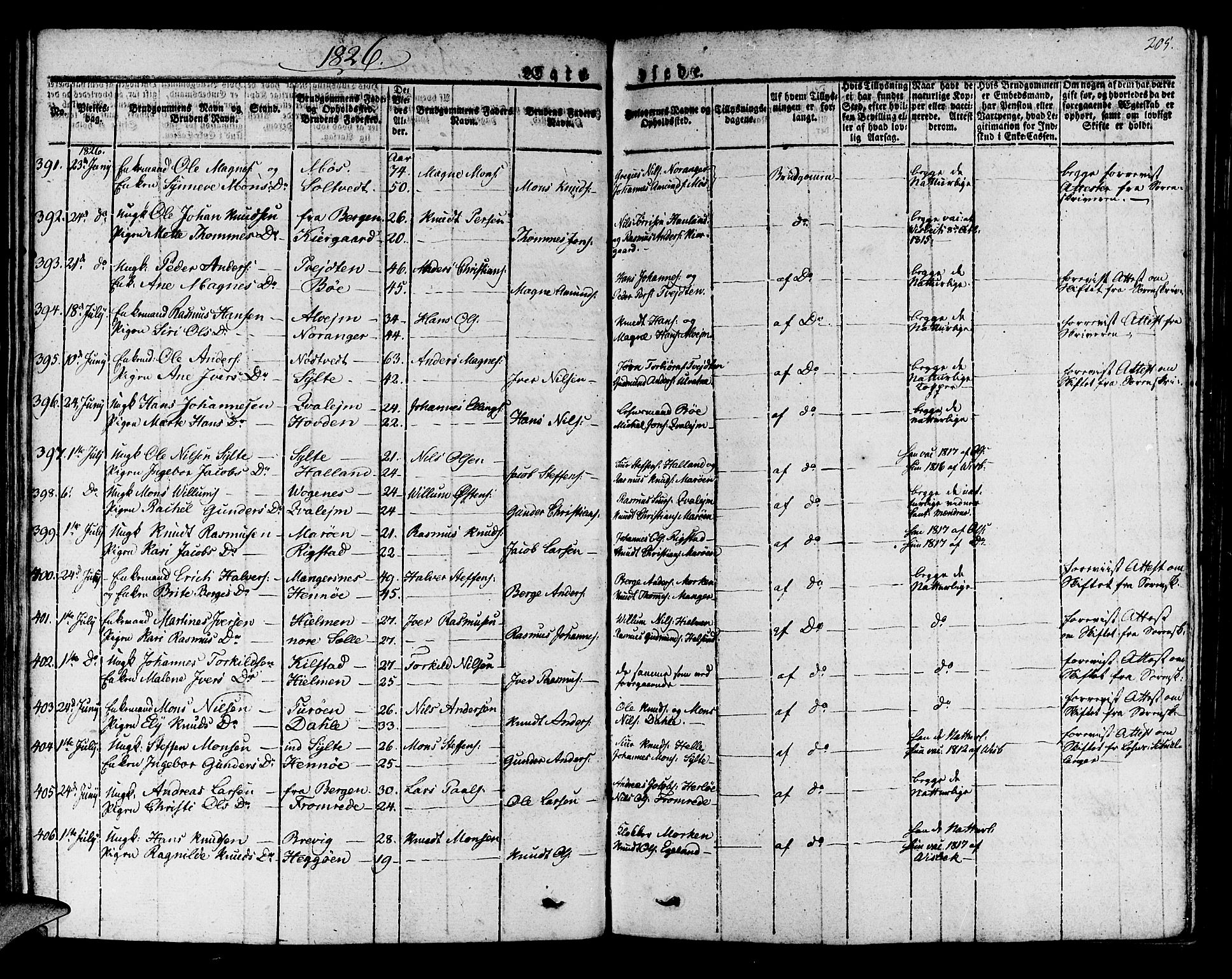 Manger sokneprestembete, AV/SAB-A-76801/H/Haa: Parish register (official) no. A 4, 1824-1838, p. 205