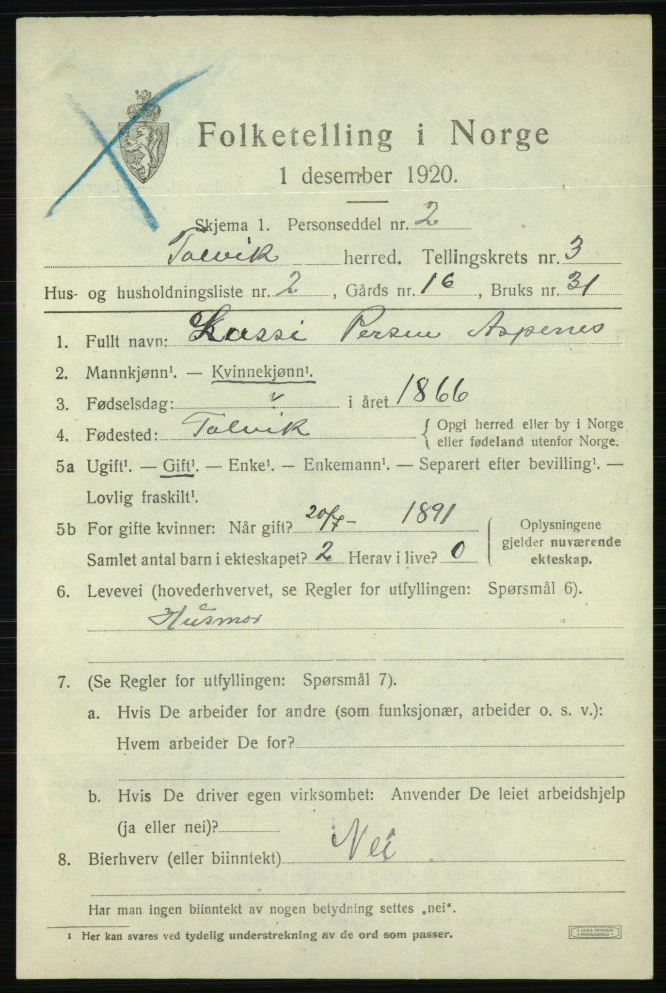 SATØ, 1920 census for Talvik, 1920, p. 2194