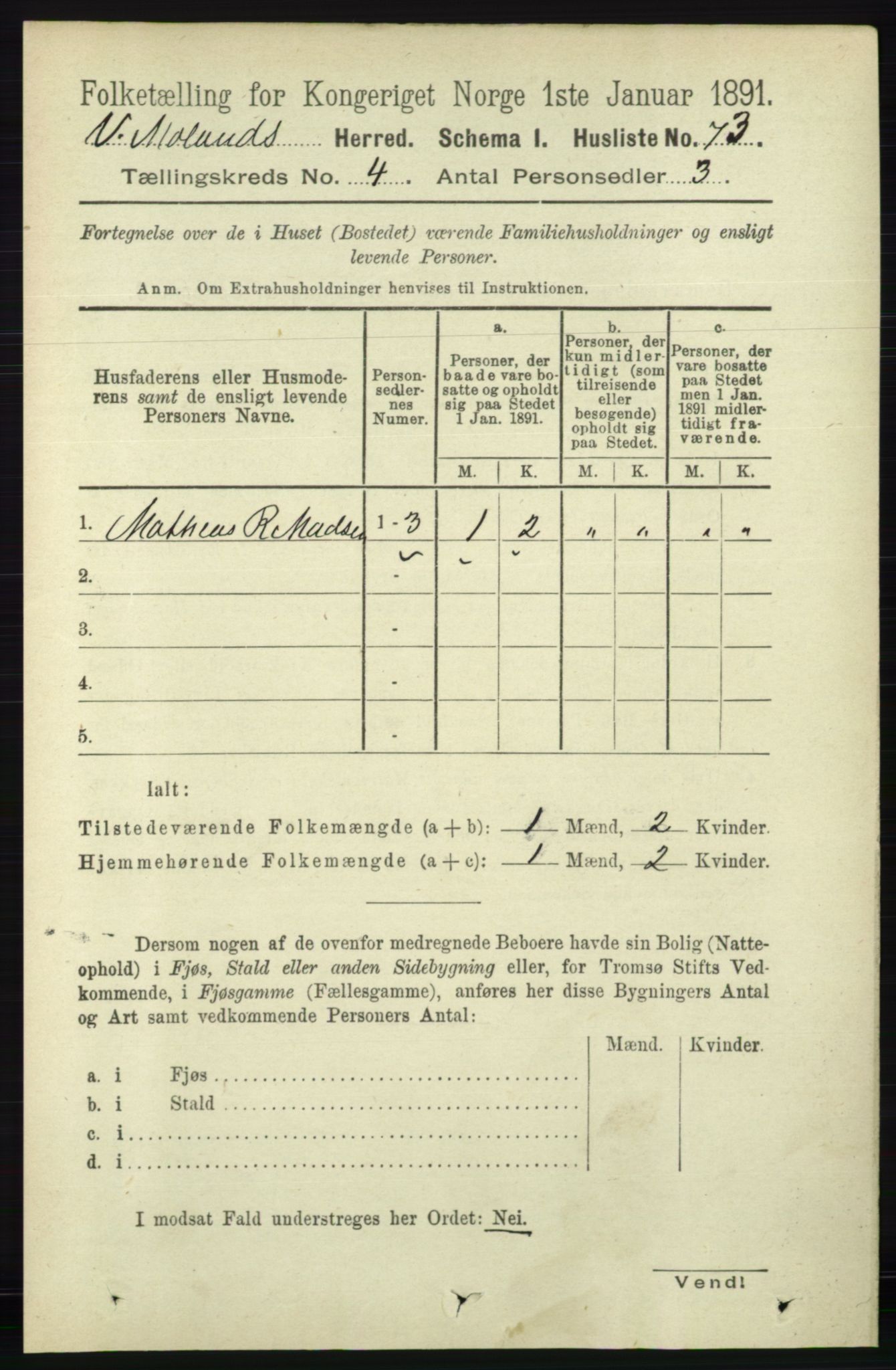 RA, 1891 census for 0926 Vestre Moland, 1891, p. 1216