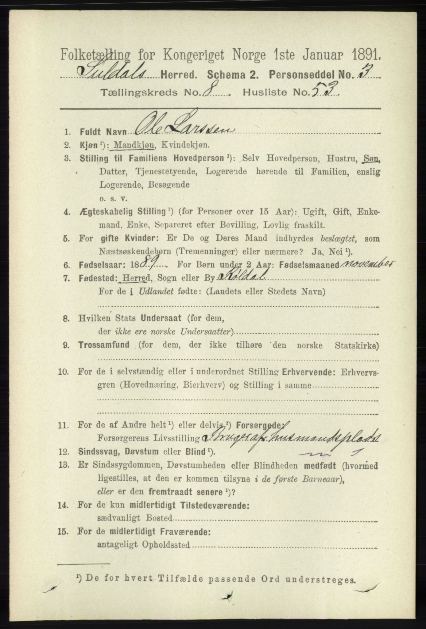 RA, 1891 census for 1134 Suldal, 1891, p. 2614