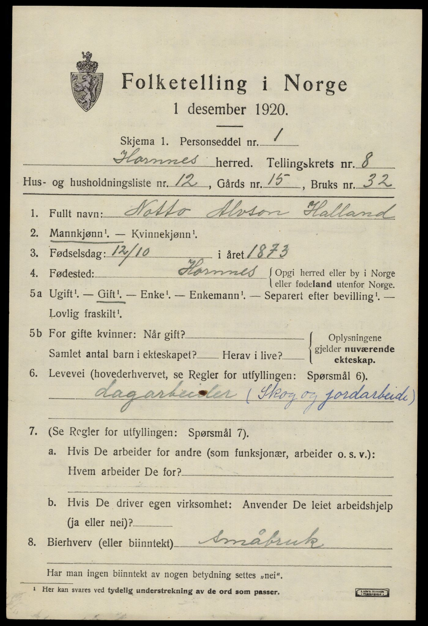 SAK, 1920 census for Hornnes, 1920, p. 1997