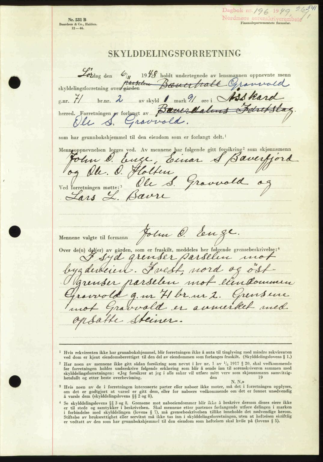 Nordmøre sorenskriveri, AV/SAT-A-4132/1/2/2Ca: Mortgage book no. A110, 1948-1949, Diary no: : 196/1949