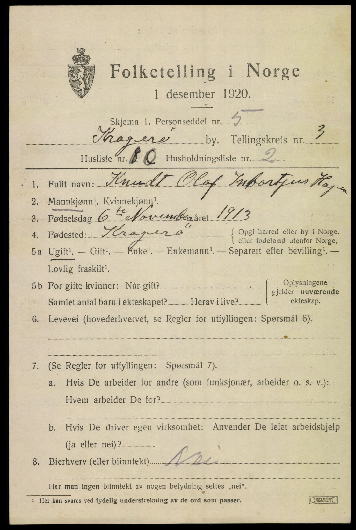 SAKO, 1920 census for Kragerø, 1920, p. 7213