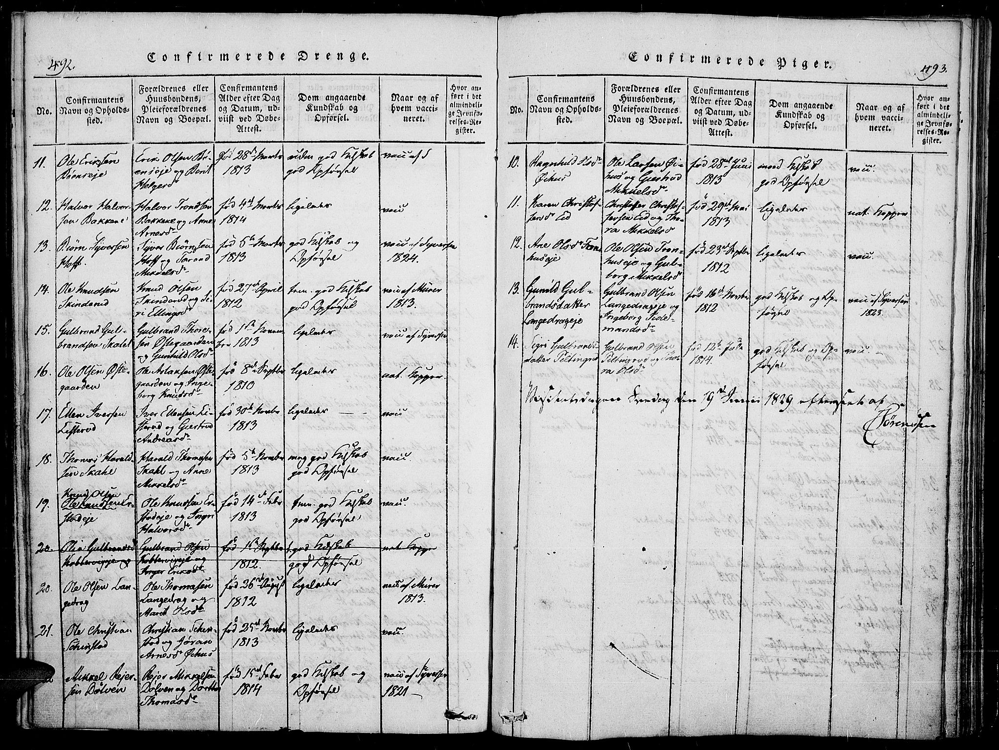 Sør-Aurdal prestekontor, SAH/PREST-128/H/Ha/Haa/L0003: Parish register (official) no. 3, 1825-1840, p. 492-493