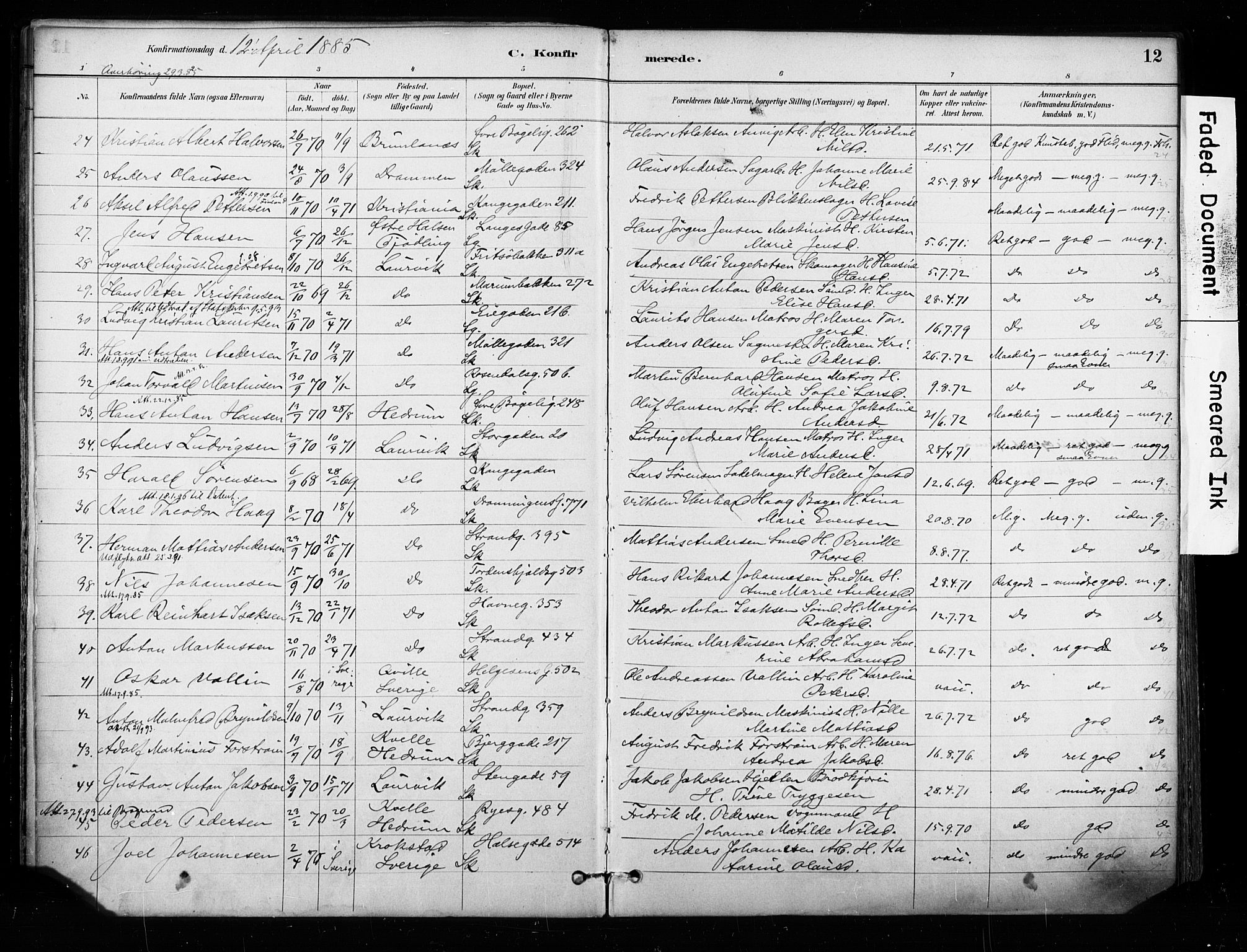 Larvik kirkebøker, AV/SAKO-A-352/F/Fa/L0008: Parish register (official) no. I 8, 1884-1902, p. 12