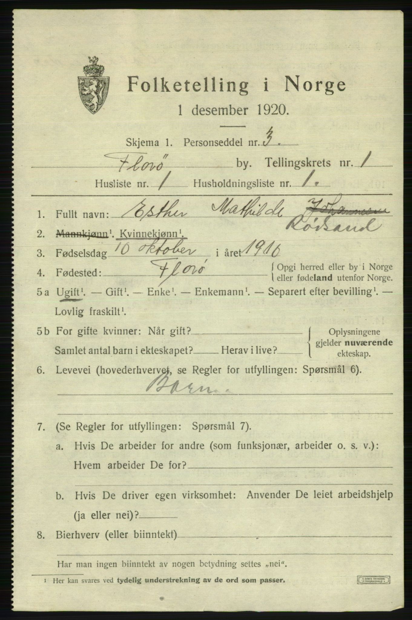 SAB, 1920 census for Florø, 1920, p. 1068