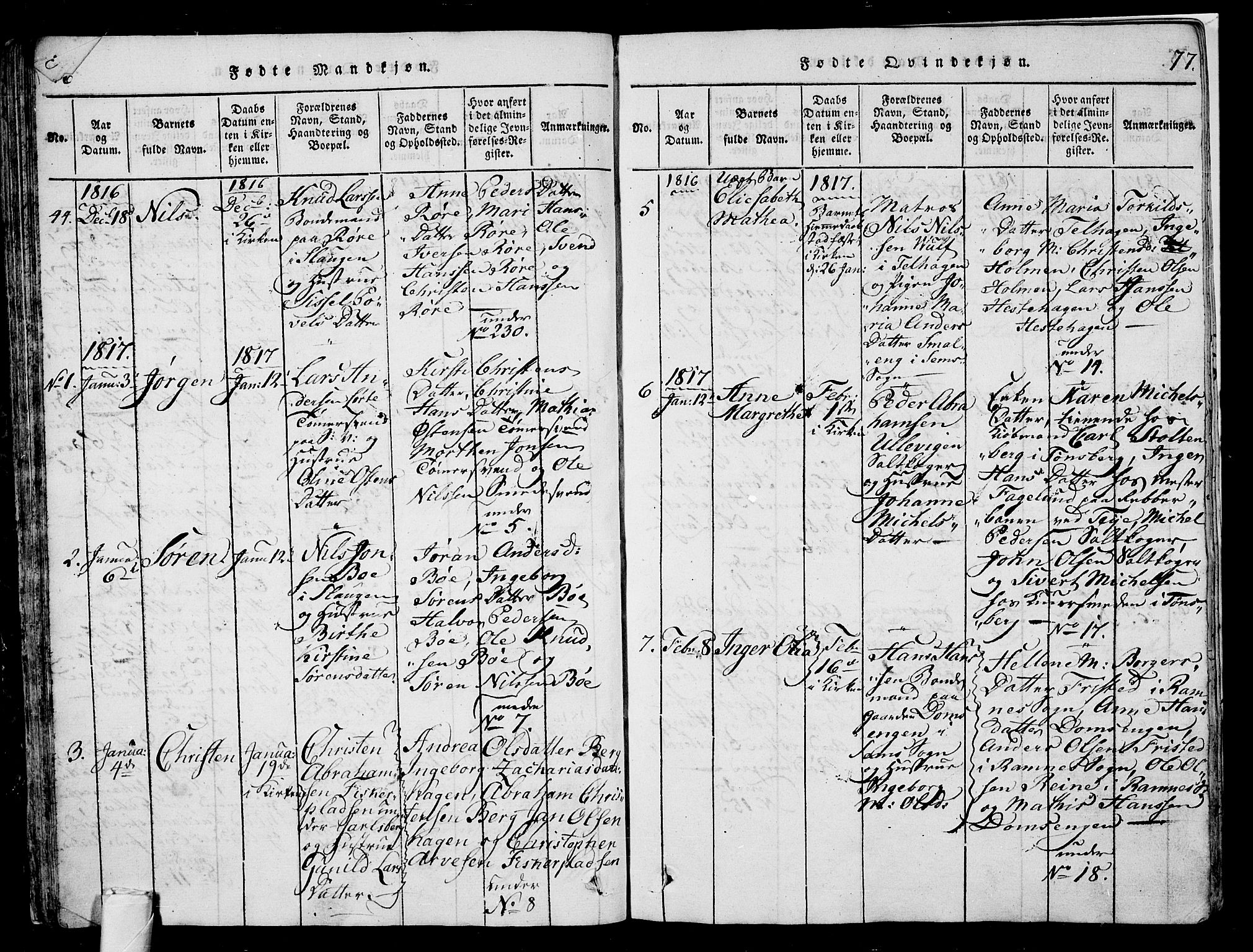 Sem kirkebøker, AV/SAKO-A-5/G/Ga/L0001: Parish register (copy) no. I 1, 1814-1825, p. 76-77