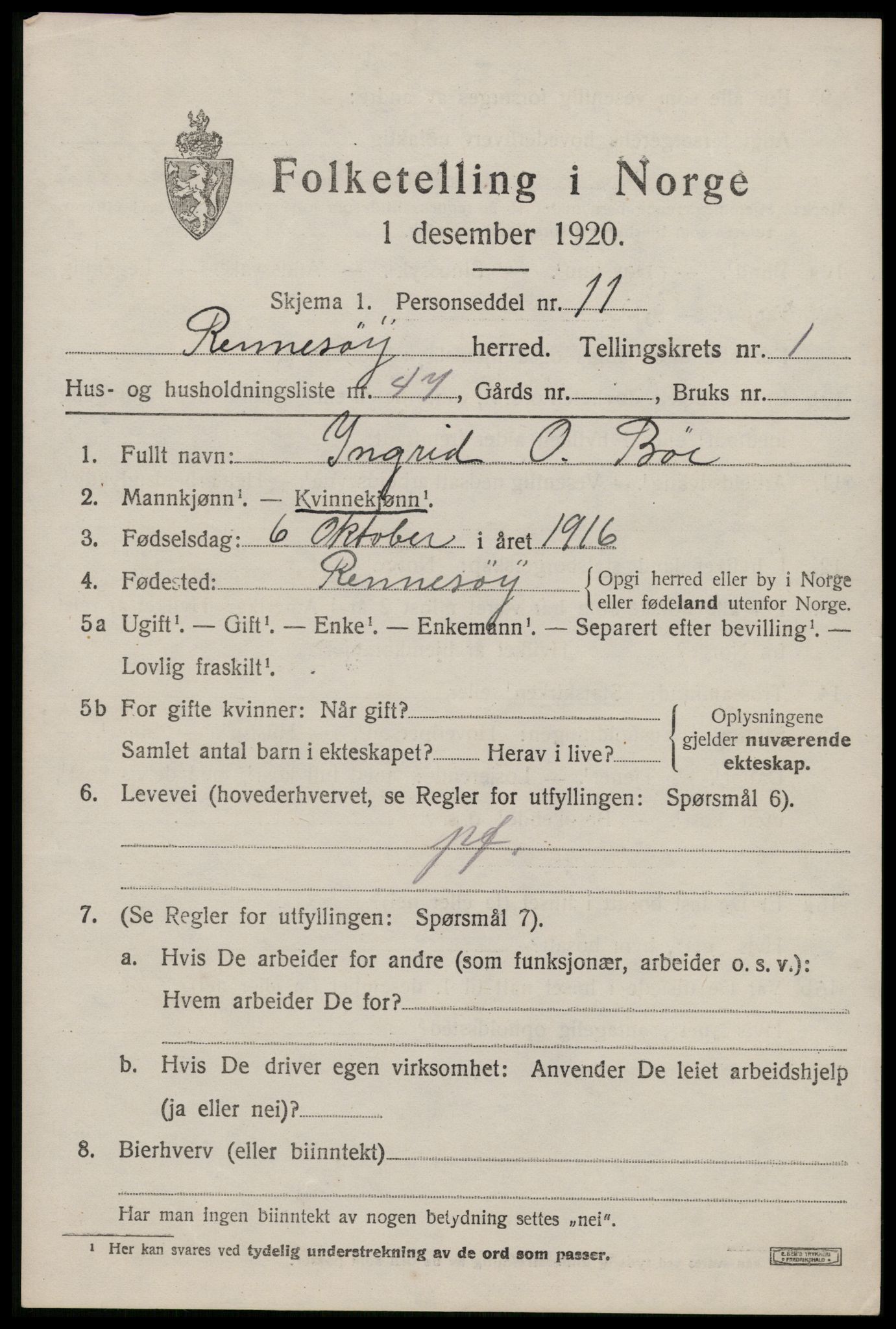 SAST, 1920 census for Rennesøy, 1920, p. 1014