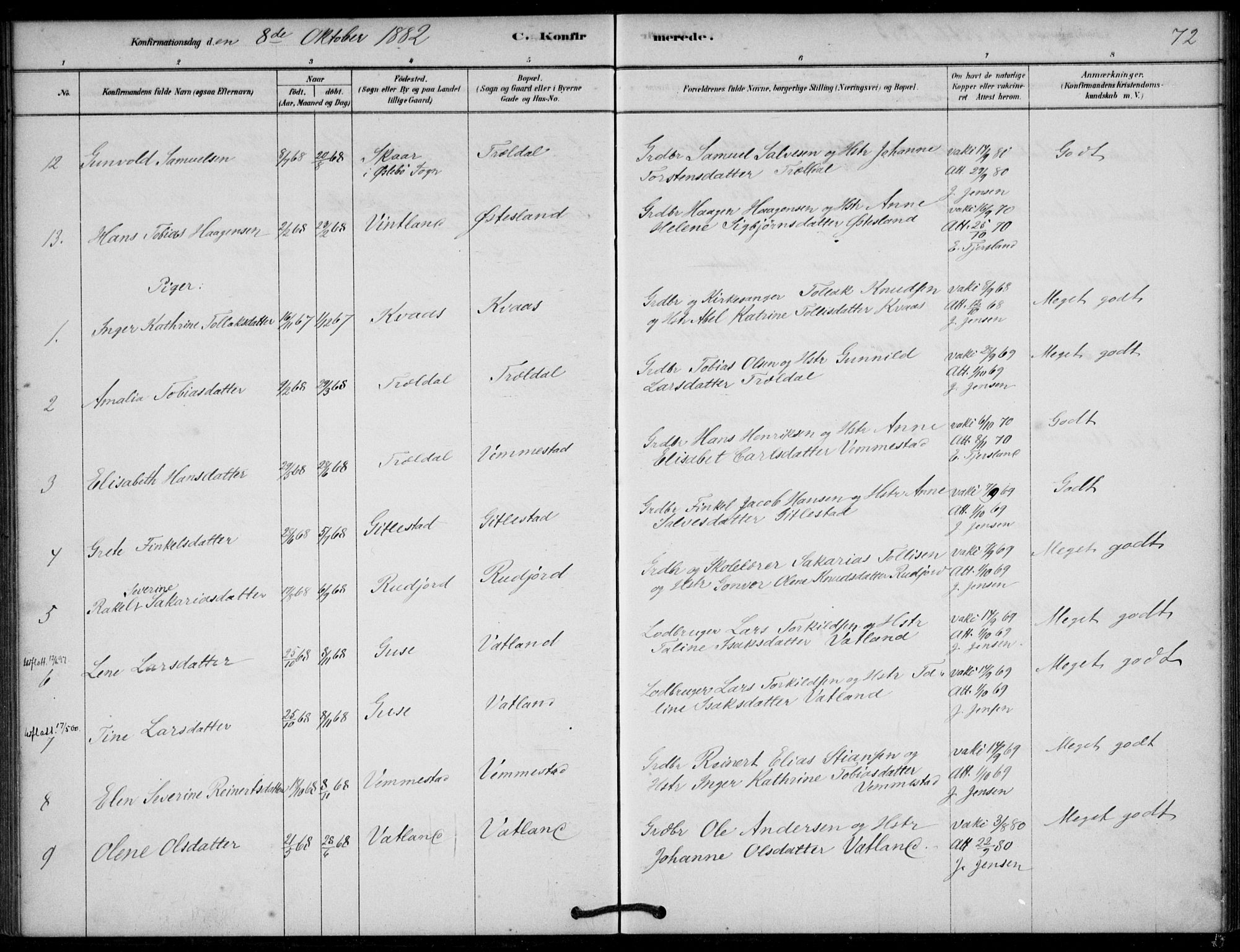 Lyngdal sokneprestkontor, SAK/1111-0029/F/Fa/Fab/L0003: Parish register (official) no. A 3, 1878-1903, p. 72