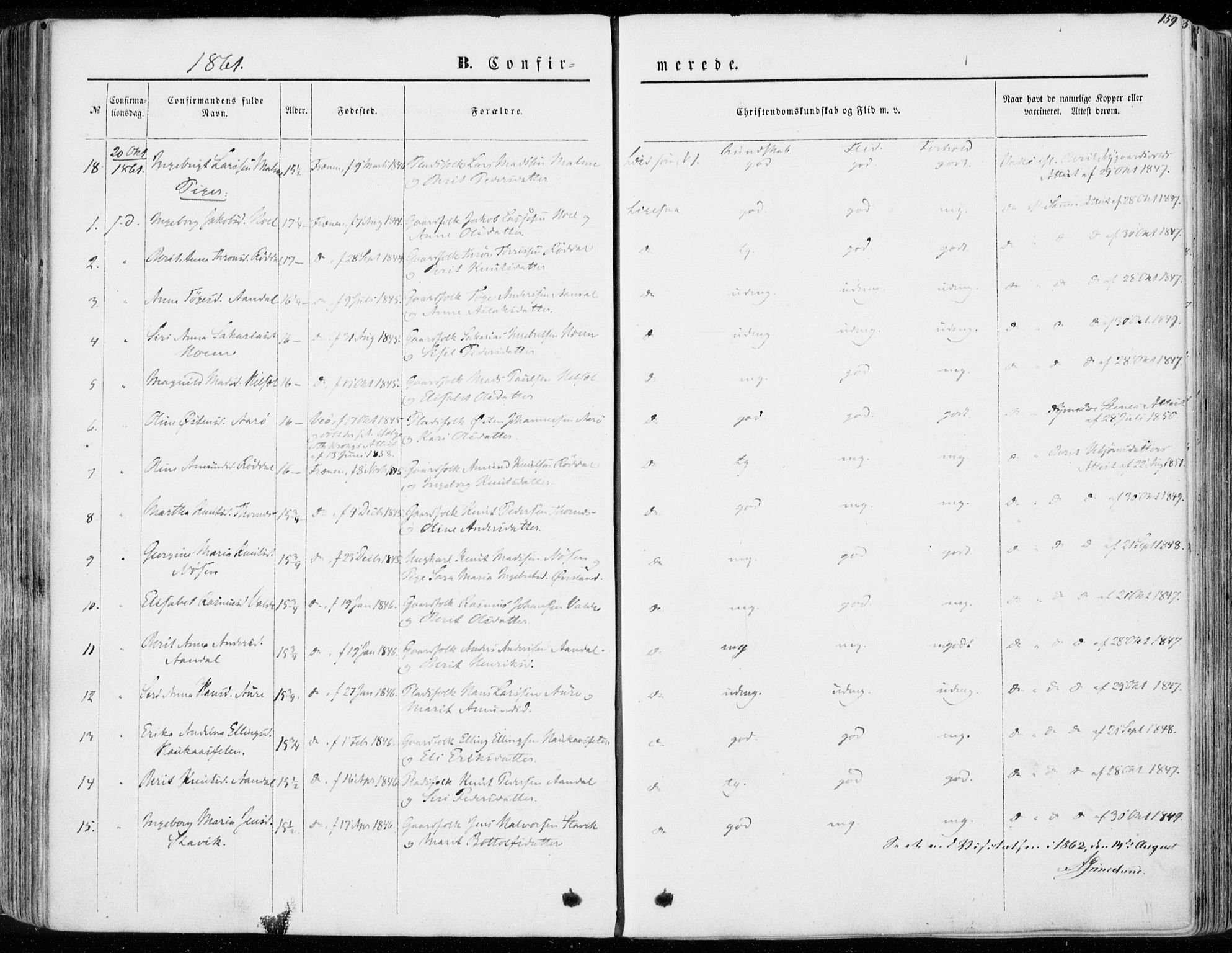 Ministerialprotokoller, klokkerbøker og fødselsregistre - Møre og Romsdal, SAT/A-1454/565/L0748: Parish register (official) no. 565A02, 1845-1872, p. 159
