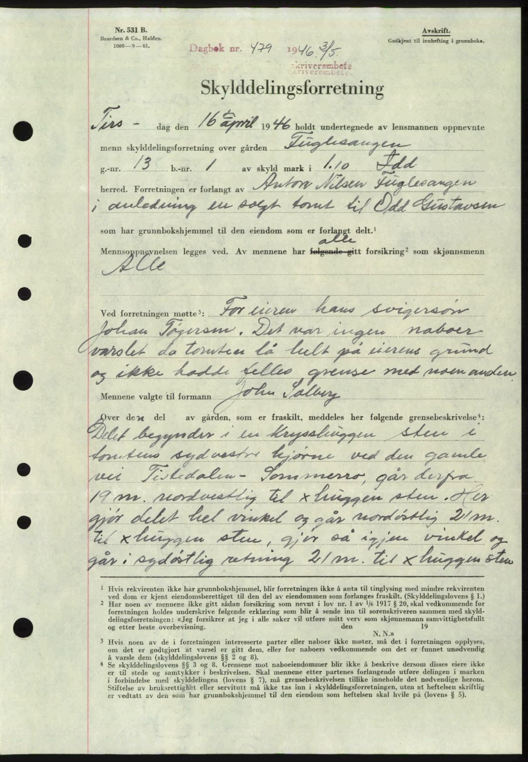 Idd og Marker sorenskriveri, AV/SAO-A-10283/G/Gb/Gbb/L0008: Mortgage book no. A8, 1946-1946, Diary no: : 479/1946