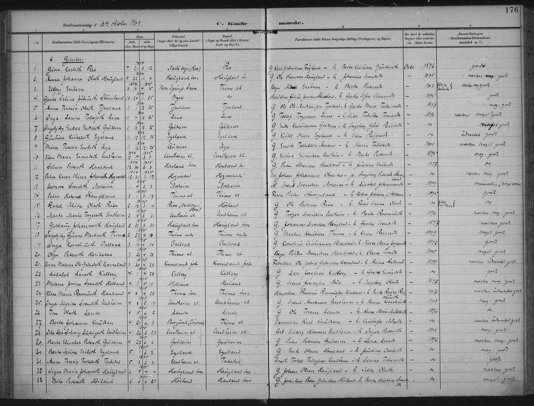 Lye sokneprestkontor, AV/SAST-A-101794/002/A/L0001: Parish register (official) no. A 12, 1904-1920, p. 176