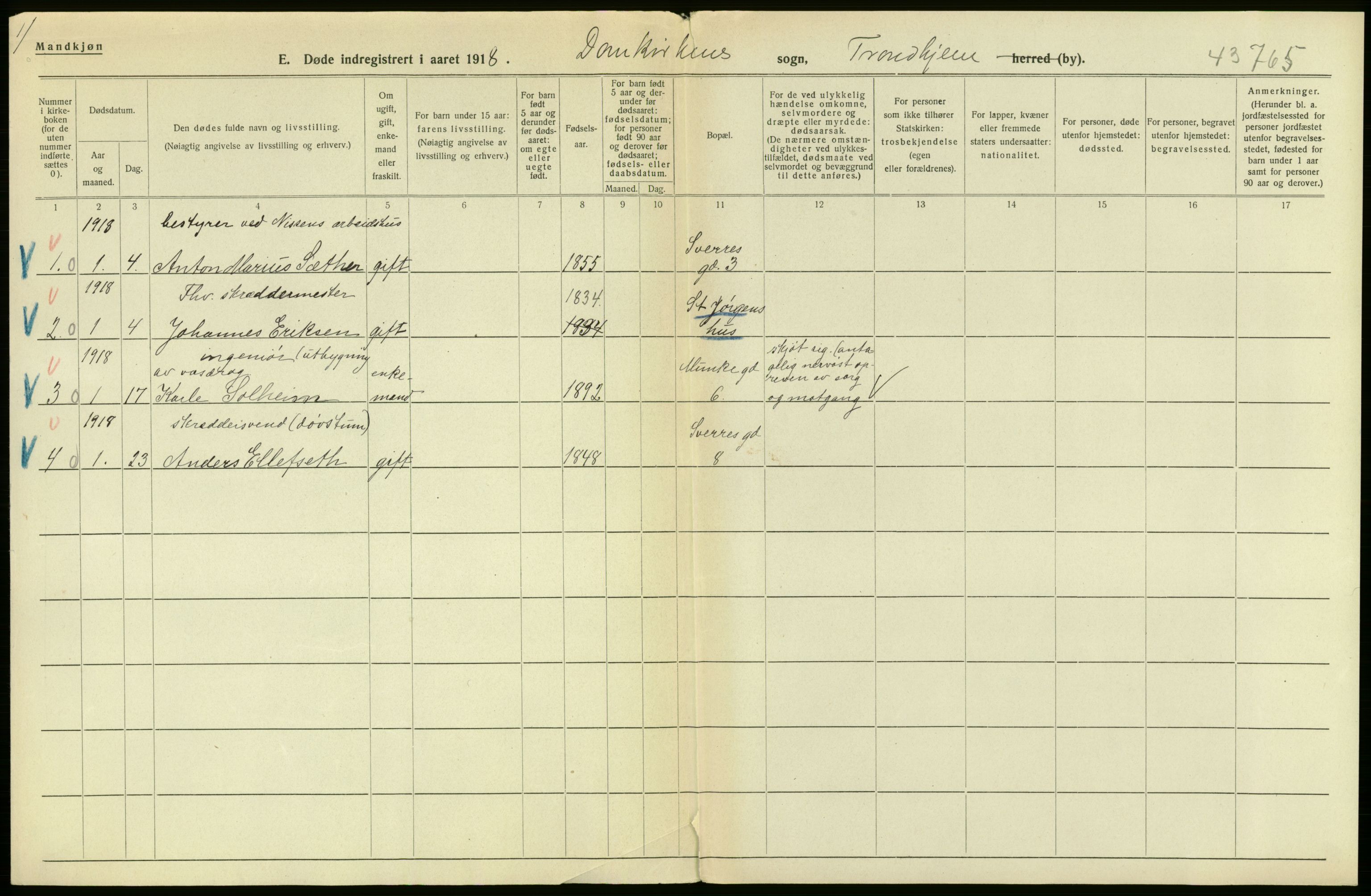 Statistisk sentralbyrå, Sosiodemografiske emner, Befolkning, AV/RA-S-2228/D/Df/Dfb/Dfbh/L0049: Trondheim: Døde, dødfødte., 1918, p. 4